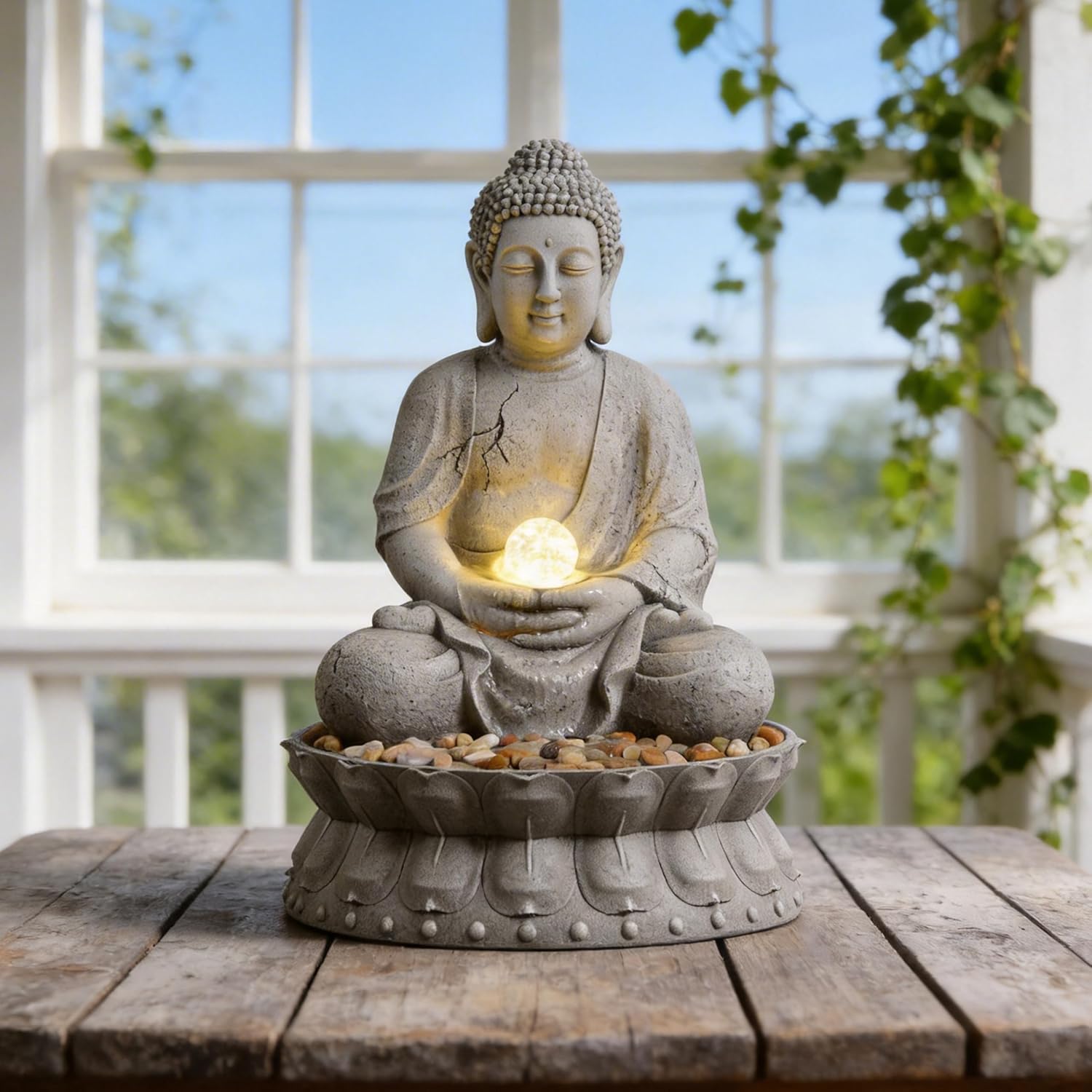 Buddha Statue Outdoor Water Fountain with LED Light, Gray Stone-Like with Lotus Base, Decorative Garden, Yard and Patio