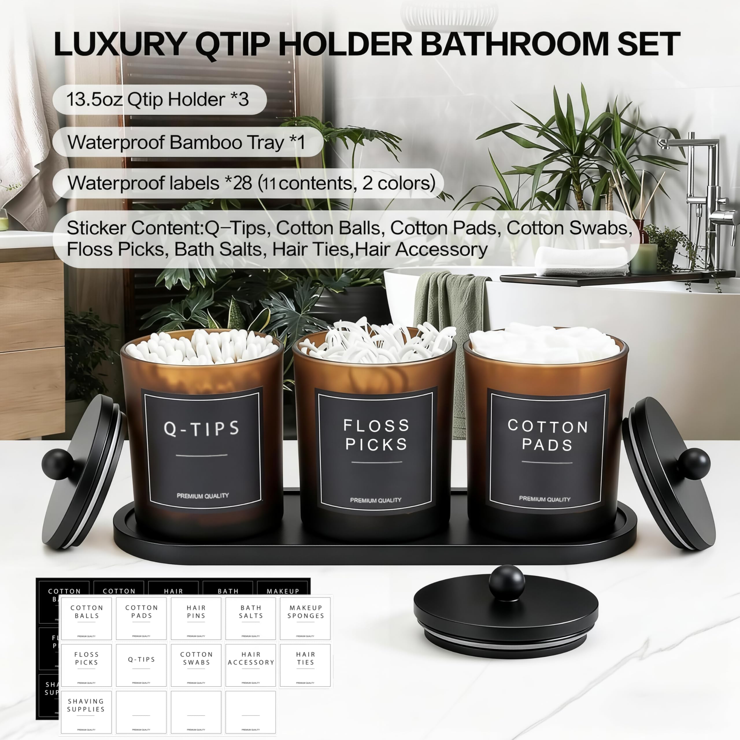 BIKALAN Glas Wattestäbchen Behälter, Schminktisch Badezimmer Organizer Set mit Tablett, Wattepadspender Make up Organizer für Wattestäbchen, Wattepads