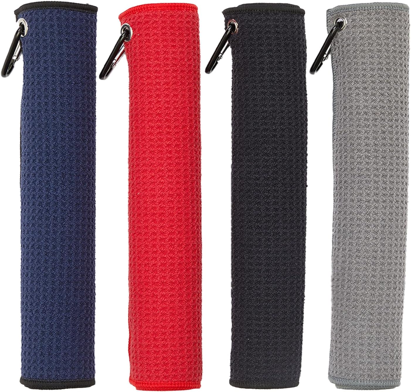 4 Pack Golf Towels, 11.8" X 11.8" Microfiber Golf Towel with Carabiner Clip, Waffle Pattern Golf Towels with Hook and Loop Fastener for Bag, Cleaning Towel Black/Grey/Red/Navy Blue