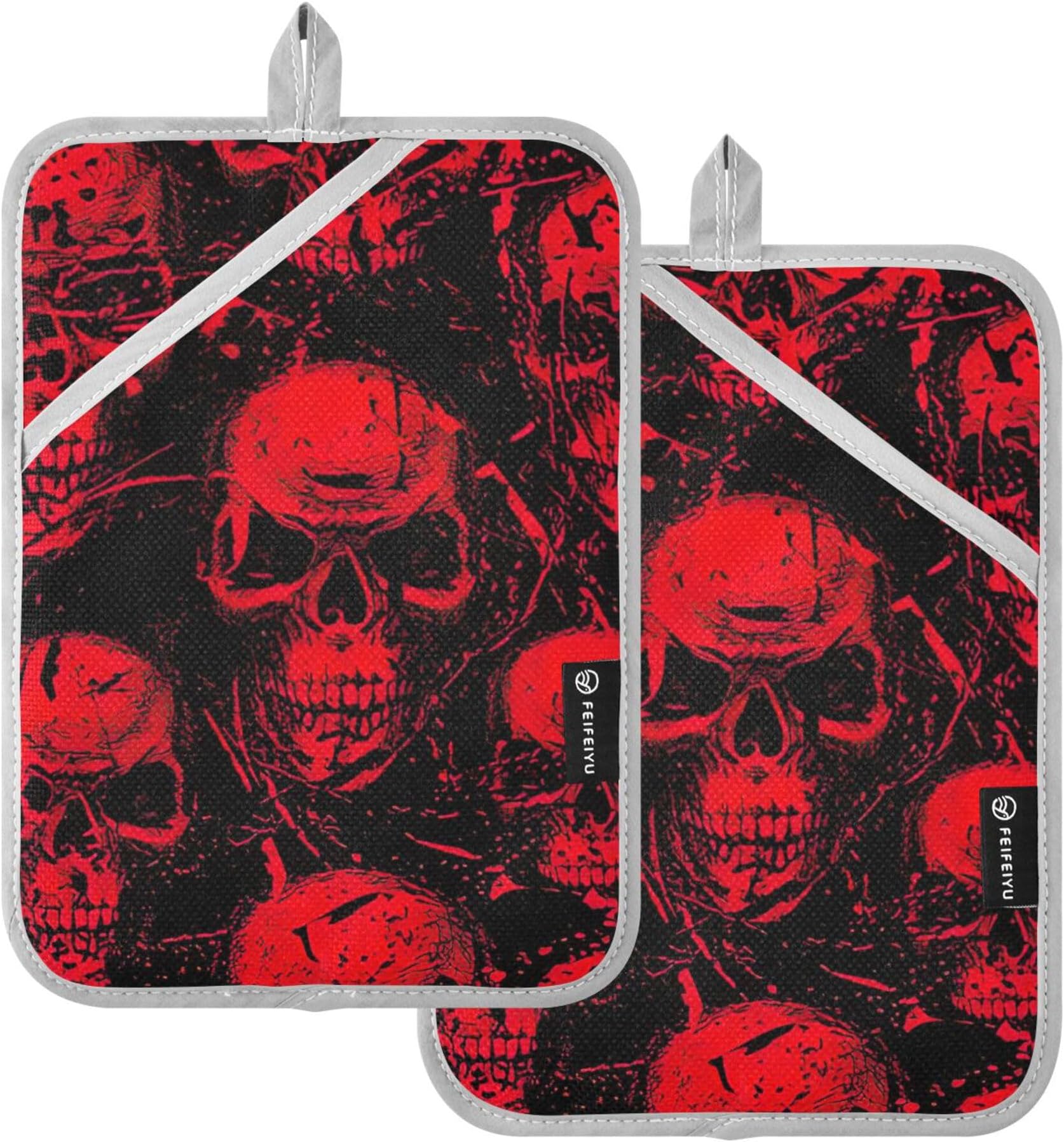 Spooky Skull Red Pot Holder Heat Resistant Cute Floral Oven Mitts for Baking Kitchen Gadgets, Set of 2