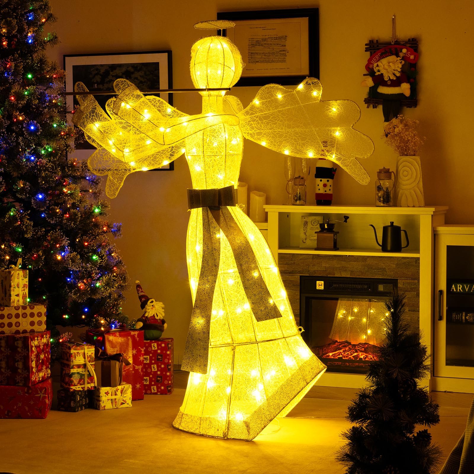 COSTWAY Weihnachtsengel beleuchtet groß, 150 cm Weihnachtsdeko mit 100 warmweißen LED-Lichtern, Weihnachtsfigur, Weihnachtsdekoration, Weihnachtsbeleuchtung für außen und innen