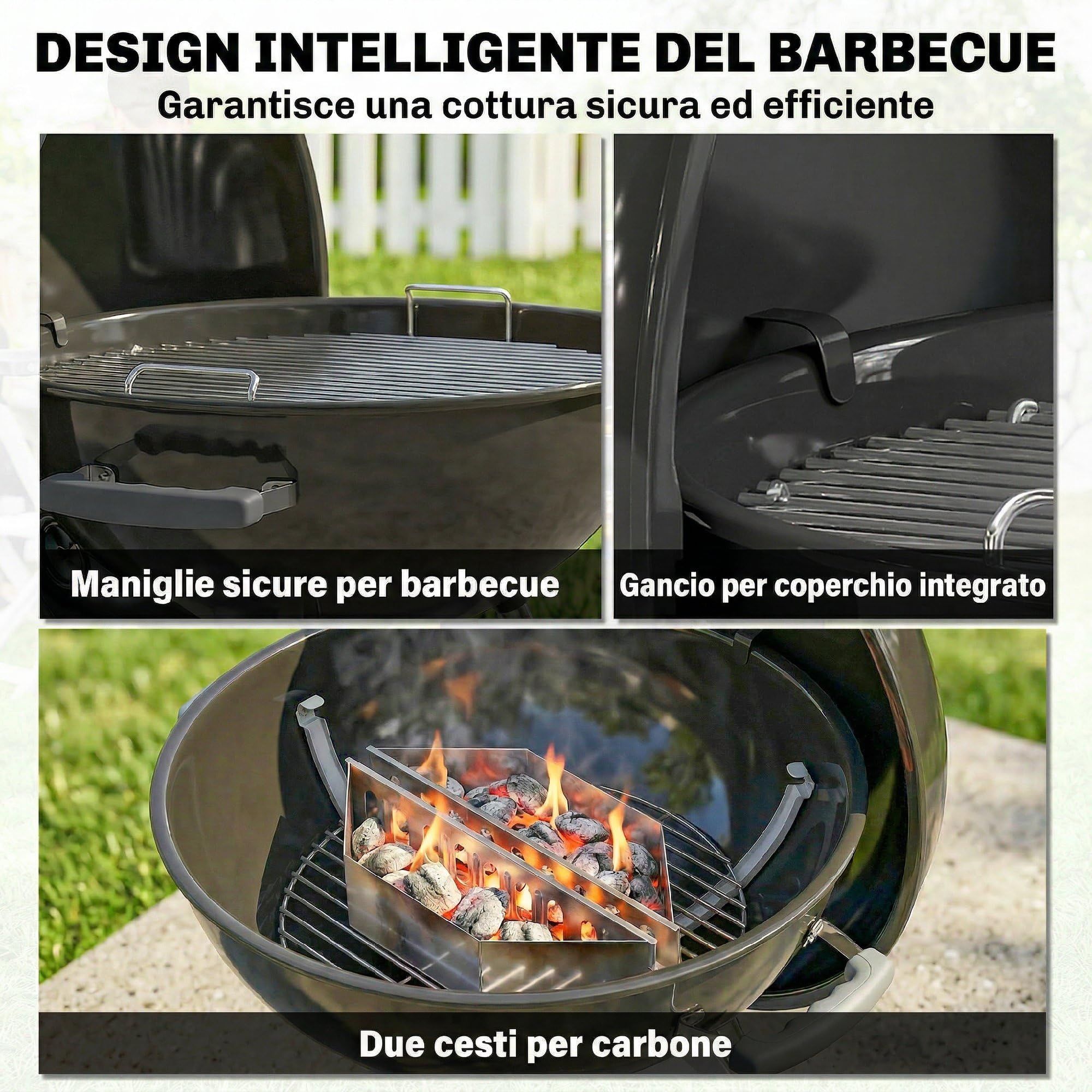 Outsunny Barbecue Carbonella Rotondo Kettle, BBQ Carbonella Portatile con Coperchio, Griglia Ø53.5cm, 2 Scatole Carbone, Ripiano, Termometro, Sfiati Regolabili, Portacenere, Manici, Ruote per Giardino