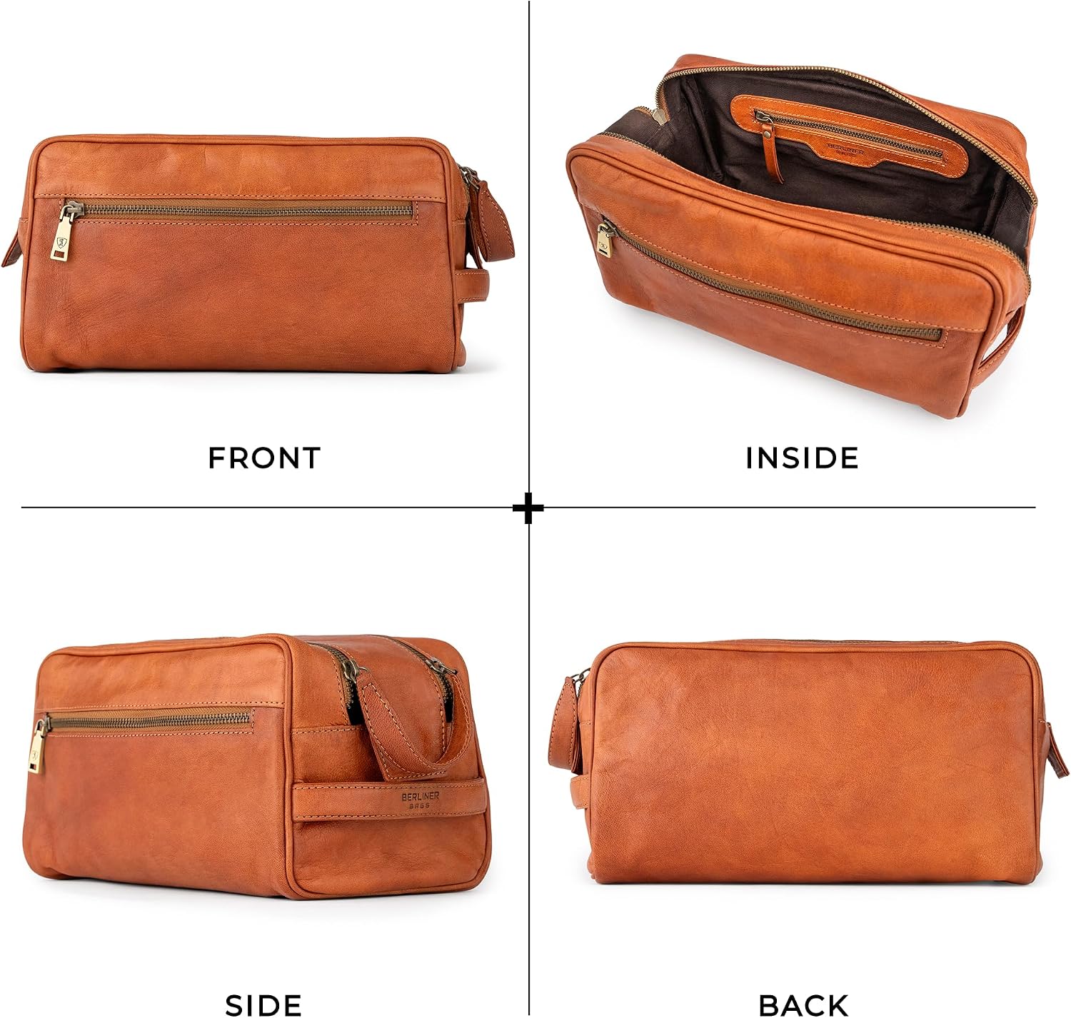 BERLINER BAGS Vintage Genuine Leather Toiletry Bag Tim XL, Large Capacity Cosmetics Bag for Men and Women for Travel - Brown