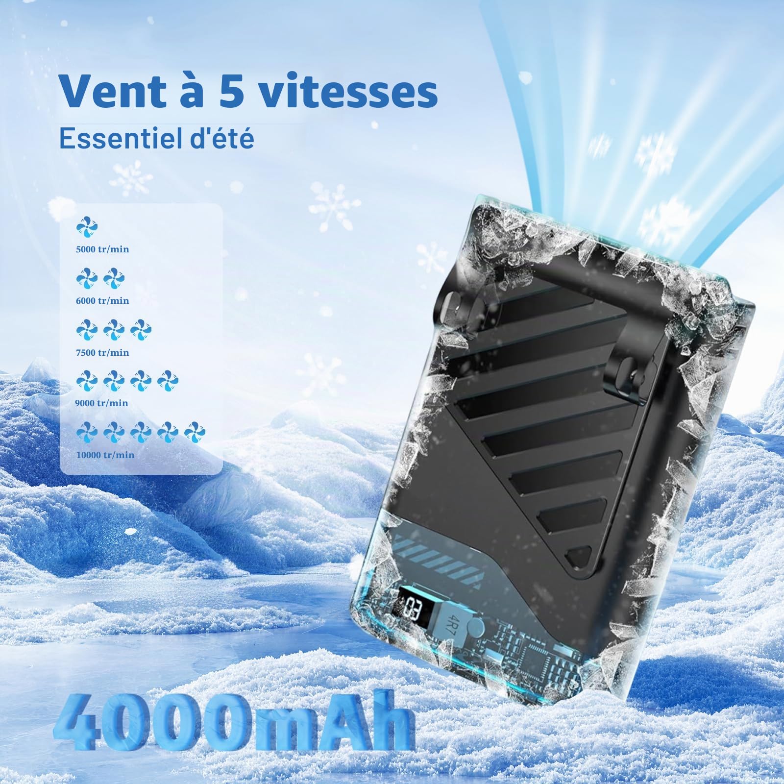 Gemmac Ventilateur Portable Rechargeable, LED Display Ventilateur Cou/Main/Bureau/Ceinture 5 Vitesses Mini Powerbank Fan Pince Silencieux Clip Hand Fan USB Chantier, Camping, Extérieur