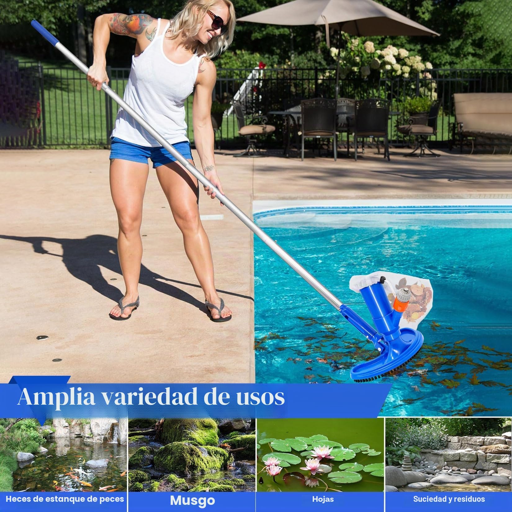 Idota Aspirador de piscina de 160 cm, juego de aspiradora de suelo para piscina con cepillo curvado ampliado, 4 barras de aluminio reforzadas y extendidas extraíbles, suelo de piscina, aspiradora para