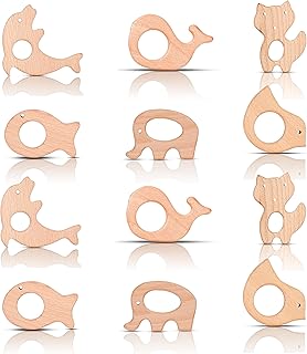 IoF 12 Pcs Teething Toys for Babies, Natural Wooden Teething Rings Baby Teether Chew Toys for Infant Toddler Teethers Crackers Animal Set Pain Relief Handmade Hanging Ring Set Toy