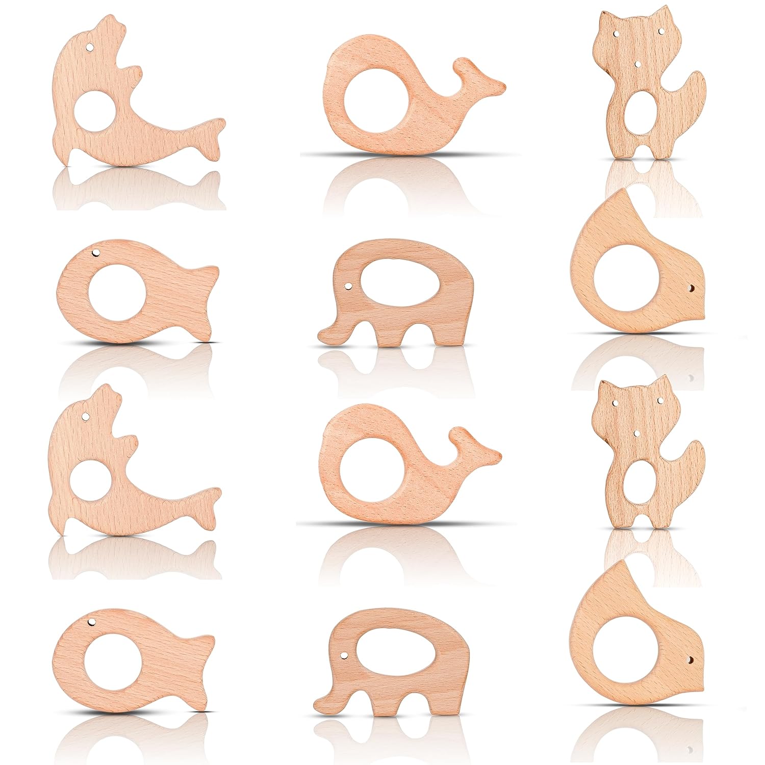 IoF 12 Pcs Teething Toys for Babies, Natural Wooden