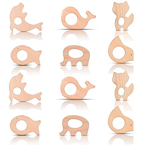 IoF 12 piezas de juguetes de dentición para bebés, anillos de dentición de madera natural, mordedores para bebés, juguetes masticables para bebés y