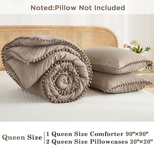 Miniatura 7 de annadaif Juego de edredón de 3 piezas, color gris pardo, edredón de 3 piezas con flecos de pompones, juego de ropa de cama alternativa de plumón de