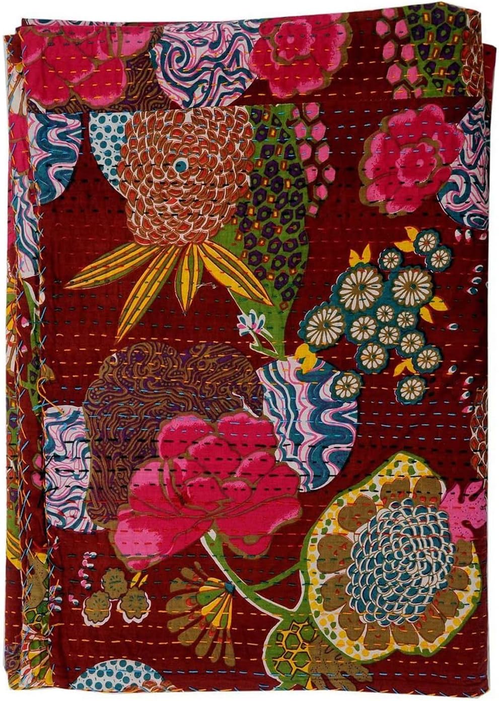 Indian Handmade Cotton Kantha Quilt Throw Blanket Bedspread gudari, Blankets Queen Size for Summer Lightweight Boho Blankets for Queen Size beds