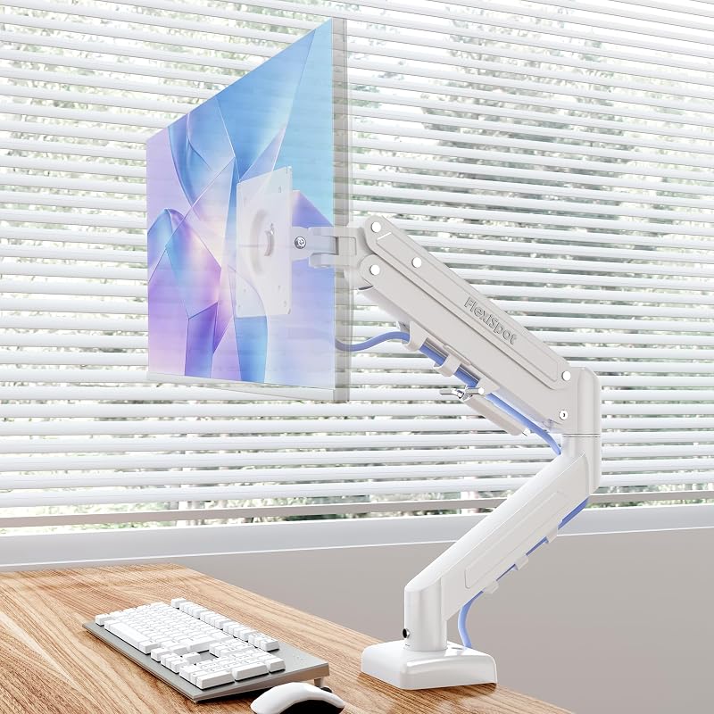 Single Monitor Arm, 17-32 Inch Monitor Mount up to 19.84 lbs, Fast Install VESA Mount for Home Office Gaming, Full Adjustable Gas Spring with C-Clamp and Grommet Base, White