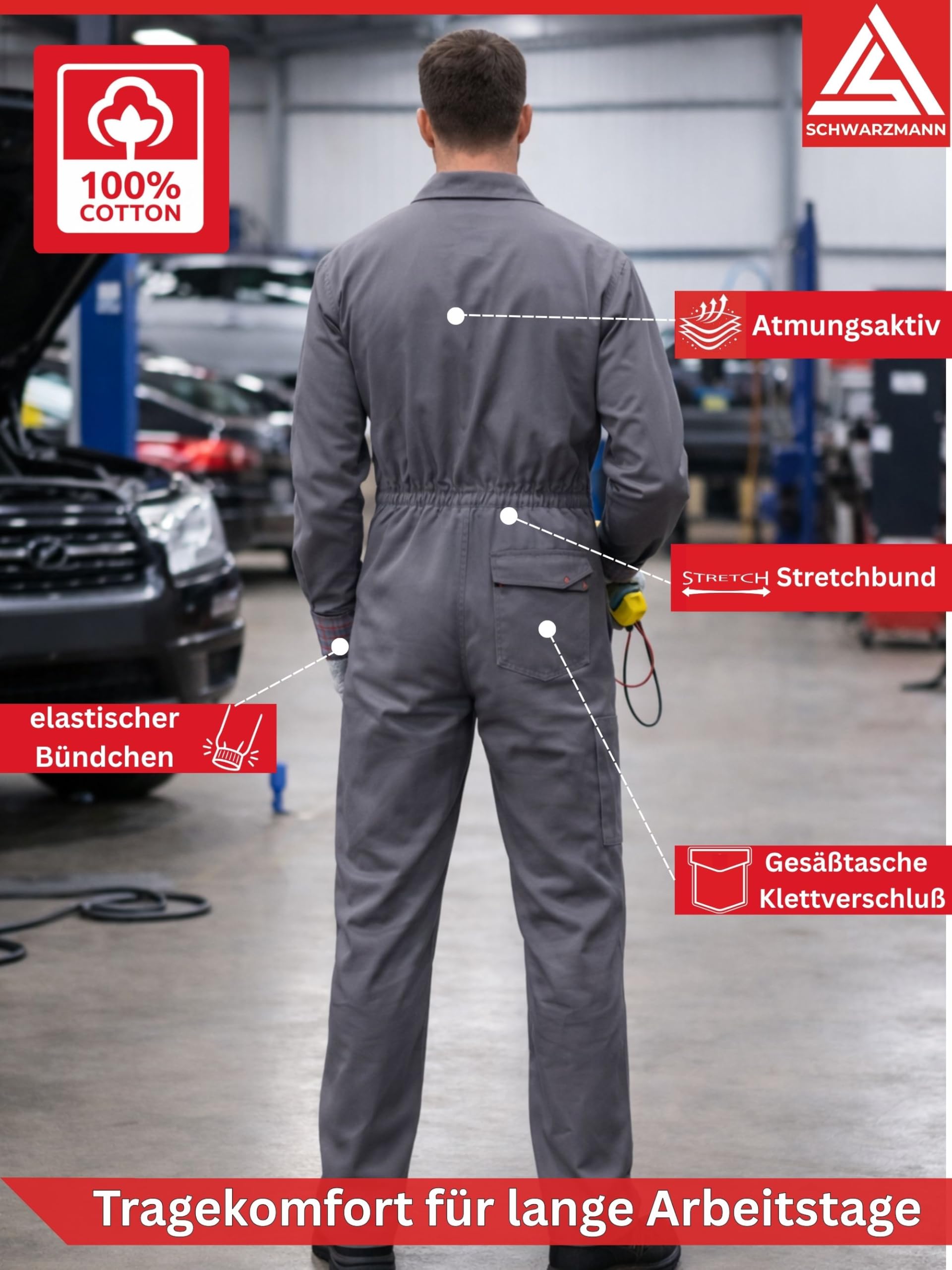 SCHWARZMANN Arbeitsoverall Herren 100% Baumwolle strapazierfähig atmungsaktiv Schutzanzug mit Reißverschluss Taschen Gummizug ideal für Werkstatt Handwerk Bau Garten Freizeit Arbeitskleidung Männer
