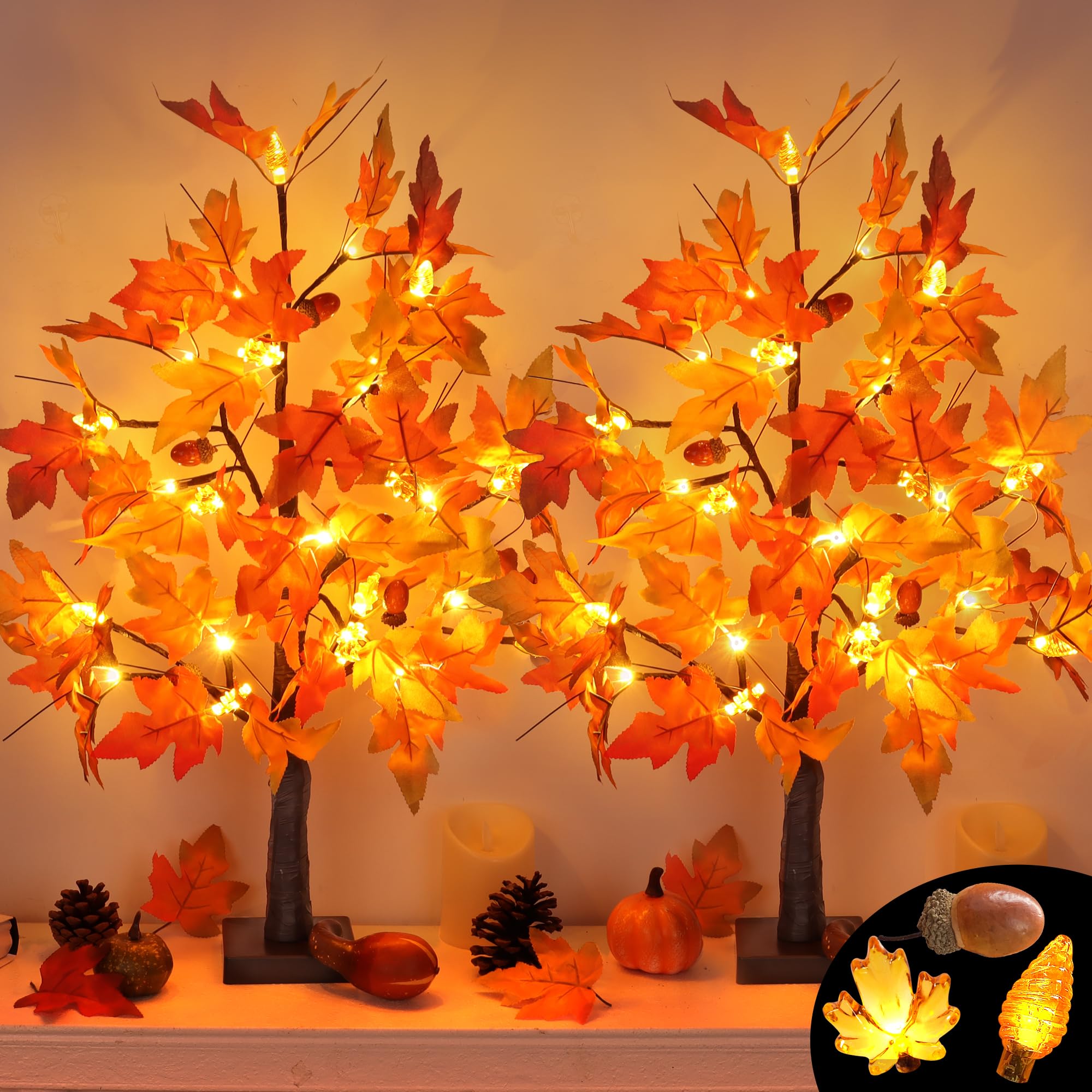 2 Pack 24 Inch Prelit Fall Maple Tree Fall Thanksgiving Decorations with 48 LEDs Battery…