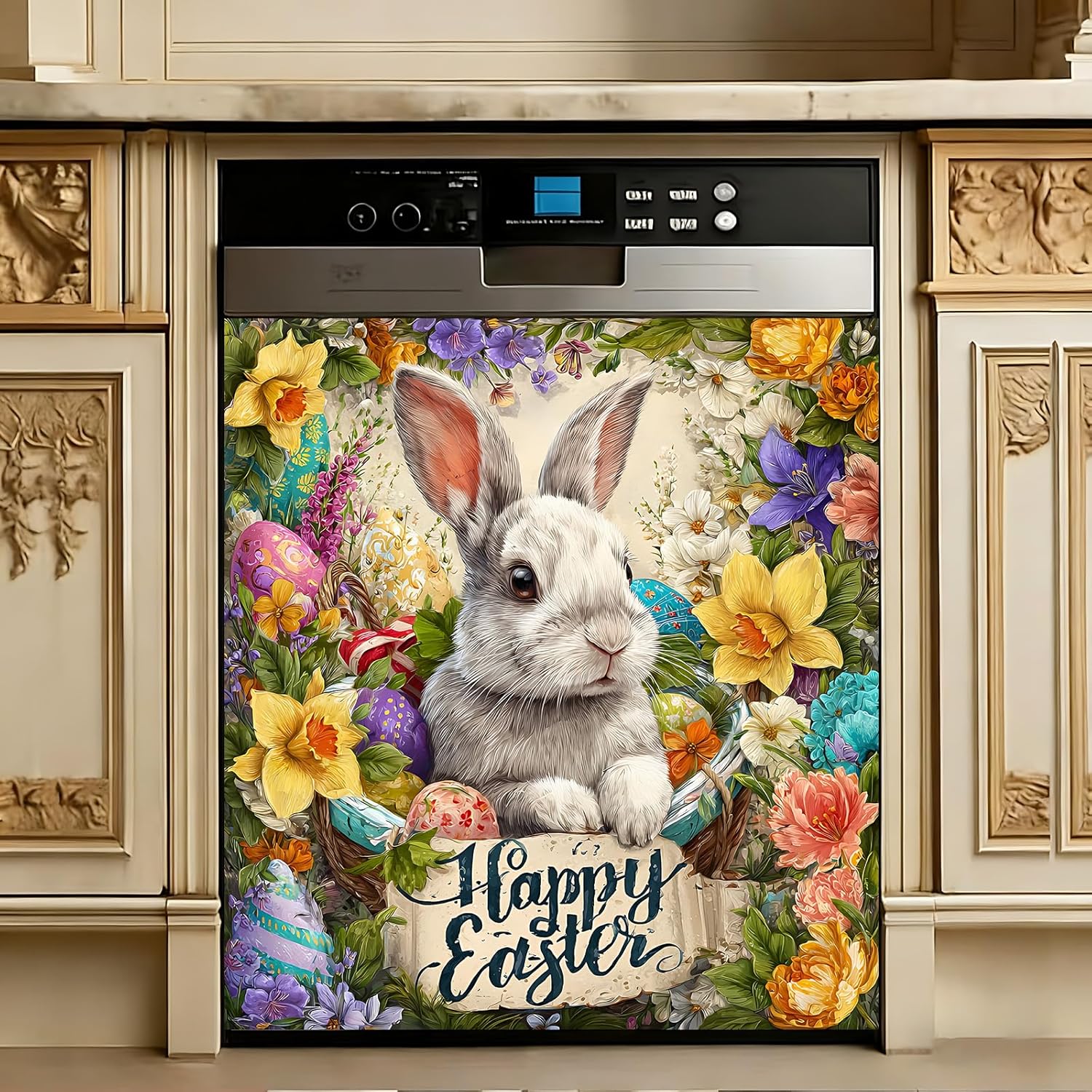 Dishwasher Magnet Cover Magnetic Decoration, Spring-Themed Easter Bunny Refrigerator Protection Decoration, Kitchen Art Decor 23x25.5 inches (Spring Rabbit 3)