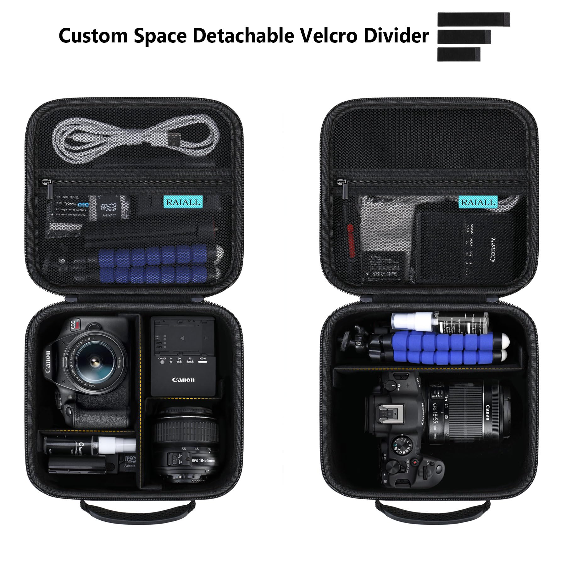 RAIALL Custodia per fotocamera Canon EOS 2000D/4000D DSLR/R50/R50V/R100/250D/R10/R6 Mark II/R8/R5/ Sony/Nikon D7500, custodia rigida da trasporto, borsa protettiva da viaggio, Nero