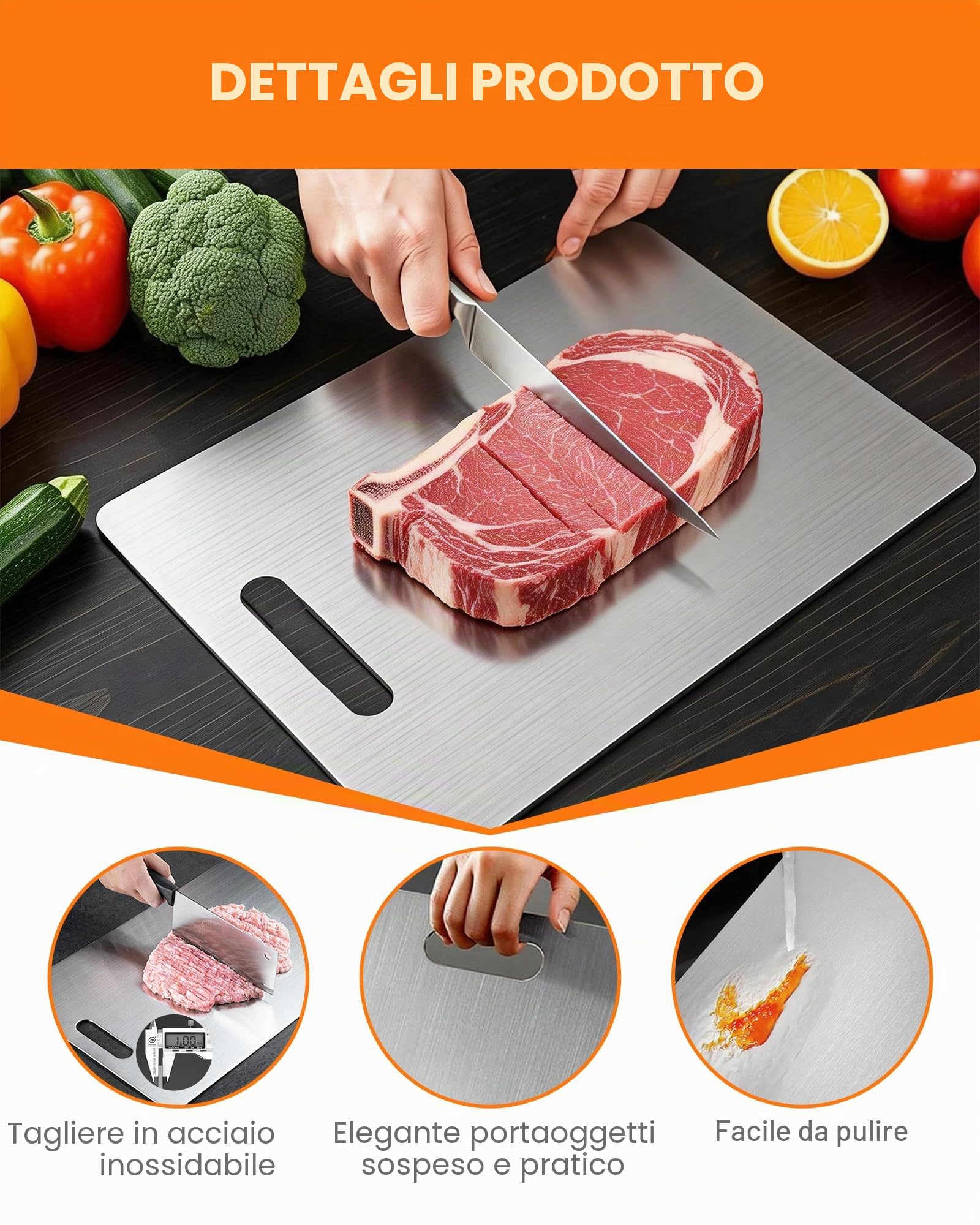 Set di 2 taglieri in acciaio inox – Tagliere inox doppio lato, senza BPA, ideale come tagliere da cucina per carne, pane, verdure e frutta, ampia superficie di taglio (34 × 23 cm + 25 × 15 cm)