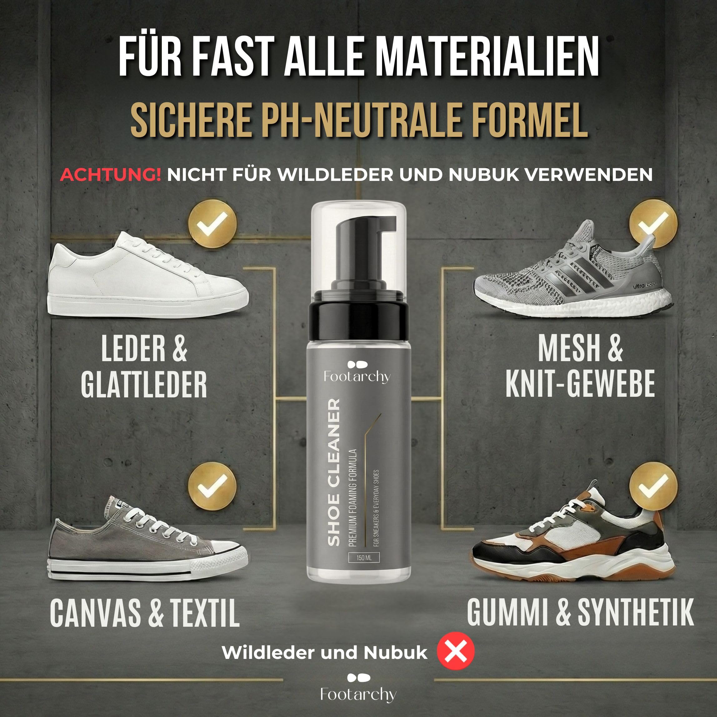 Kit di pulizia professionale - Schiuma 150 ml con 2 spazzole (Soft e Hard) e microfibra a doppia faccia, ideale per pelle gomma plastica e suole - detergente scarpe senza acqua