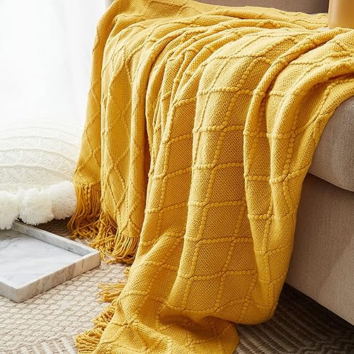 Miniatura 4 de Manta suave, cálida y tejida con flecos decorativos, ligera para cama o sofá decorativa (amarillo, 50 x 90 pulgadas)