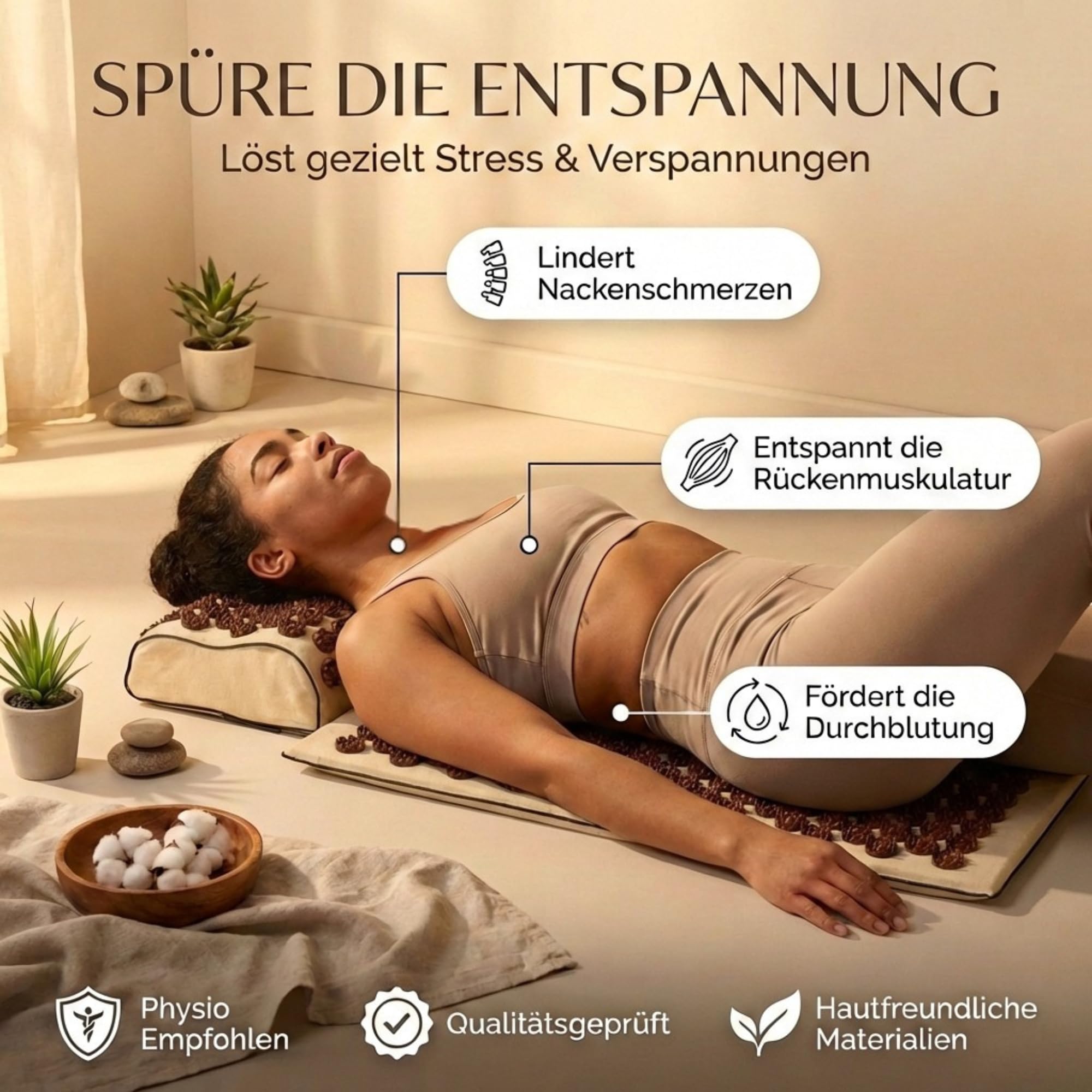 Tappetino di Agopressione Premium 6 in 1 - Edizione Sandstone | Massaggio schiena e cervicale contro stress e tensioni | Con cuscino, tappetino extra, palla da massaggio e borsa | Senti la differenza