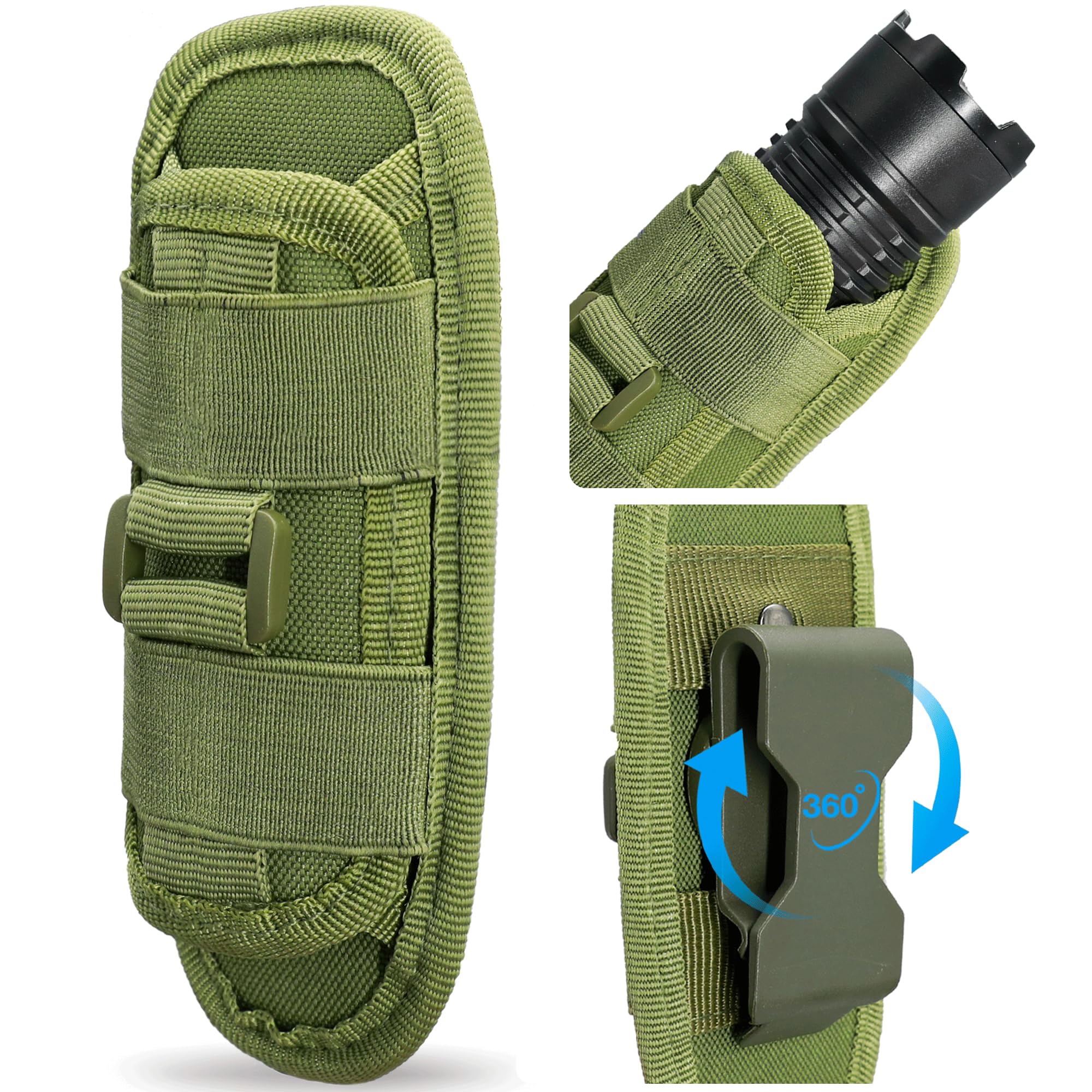 INGIDO Tactical Flashlight Pouch Holster, with 360 Degree Carabiner Reel Clip Rotatable Flashlight Holder Belt Clip Tactical Torch Carry Case