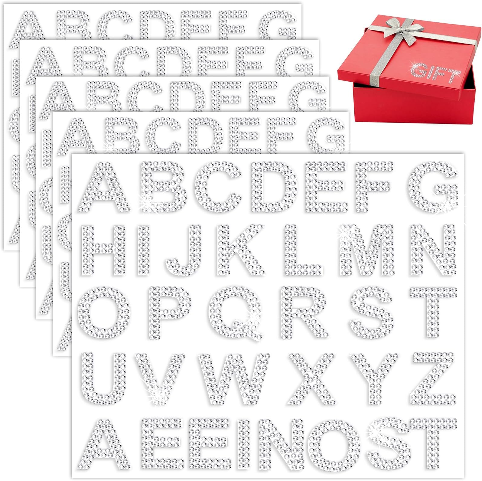 170 Pieces Rhinestone Letters Stickers 5 Sheets Glitter Self Adhesive Diamond Alphabet Sticker 1.57‘’ Silver Bling Crystal Letter Sticker Gemstone Border Stickers for DIY Craft Decor Clothes Bags Hats