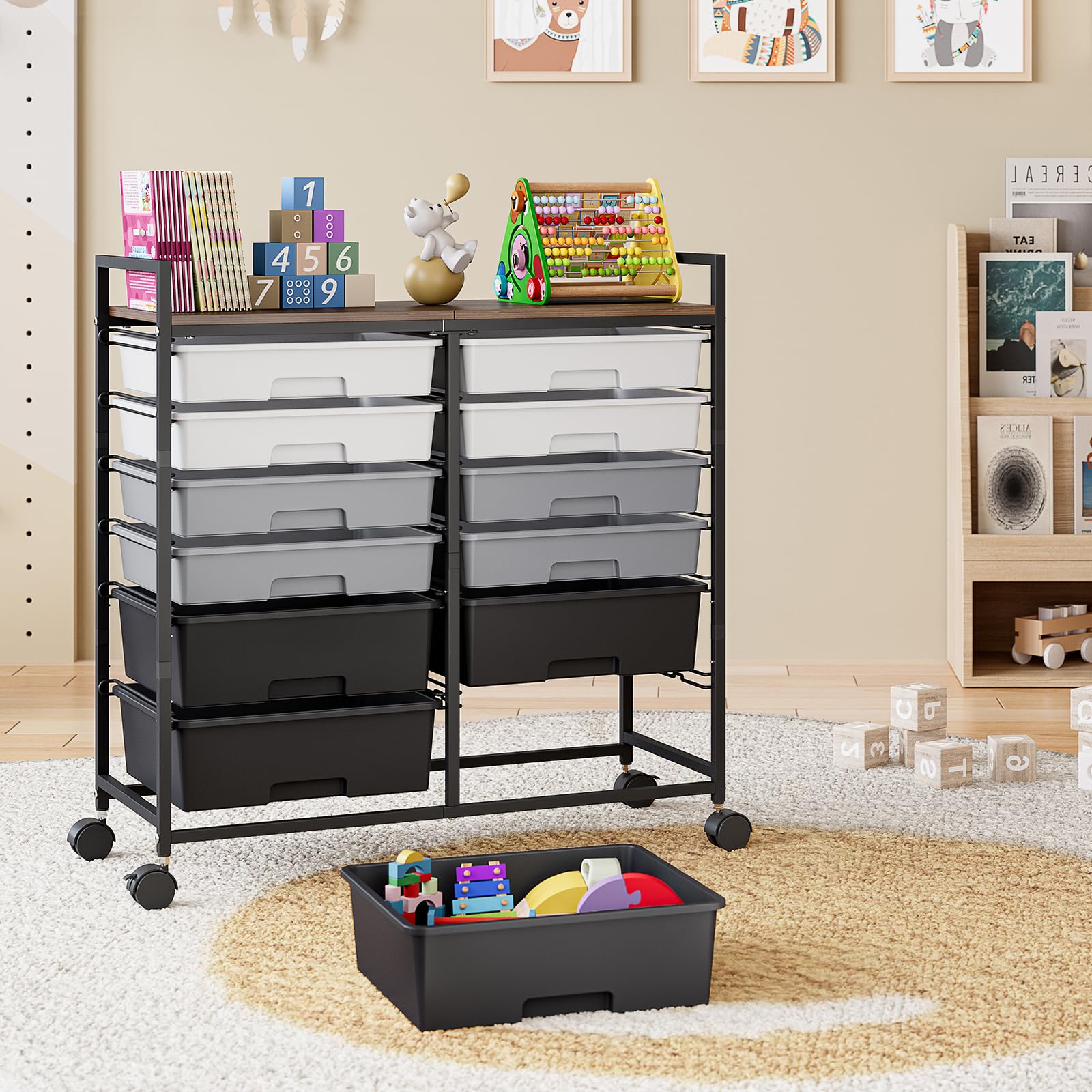 Carrito con 12 cajones - Rollcontainer - Carrito de almacenamiento para baño - en plástico, carrito multiuso para bricolaje, carrito de herramientas y almacenamiento con encimera imitación madera
