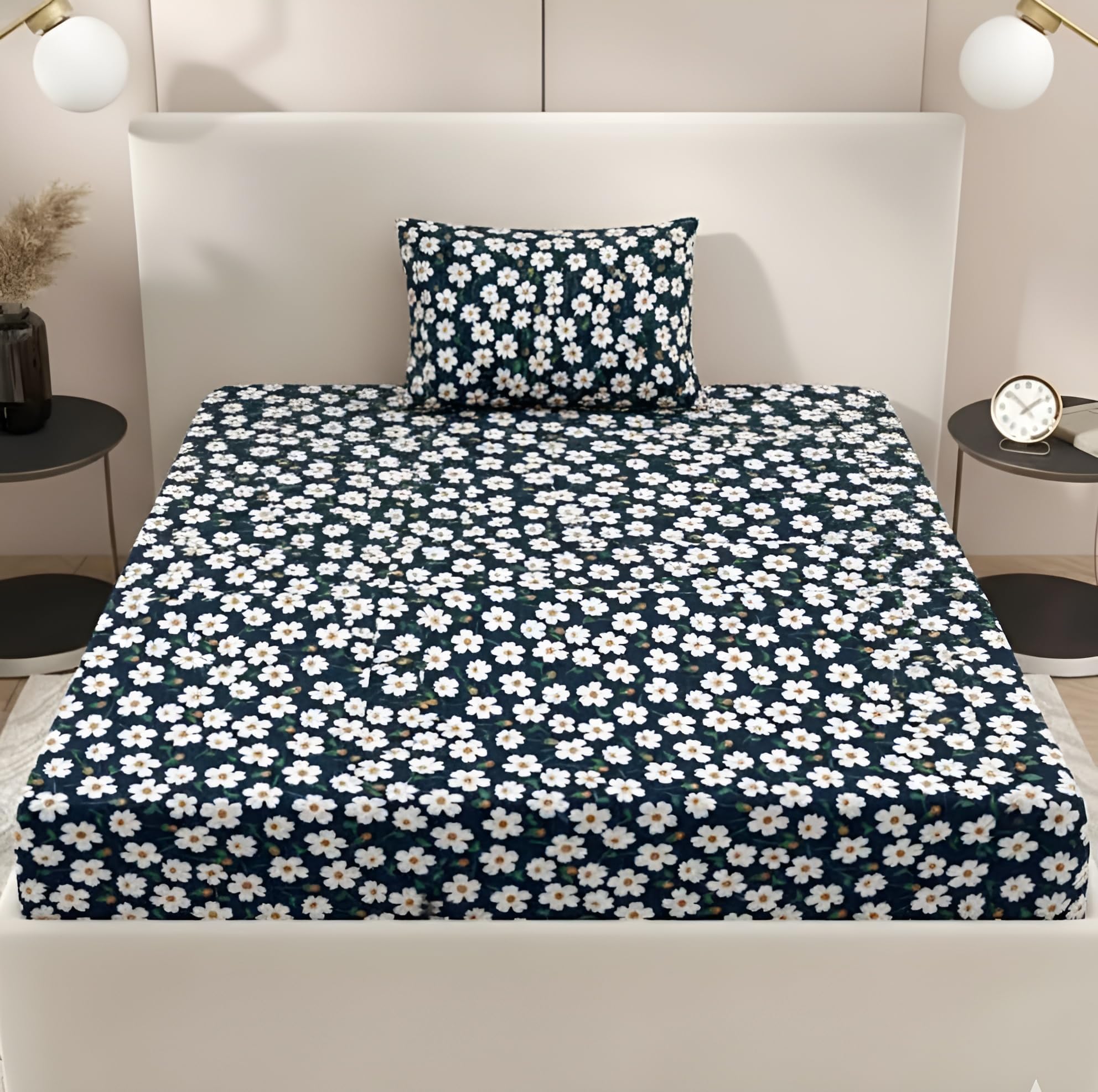 Single Flat Bedsheets, 180 TC Bed Sheet Single Size Bed, Glace Cotton Bed Cover, Flowers Bedsheet with 1 Pillow Cover 17 x 27 Inch, Bedsheets 60 x 90 Inches