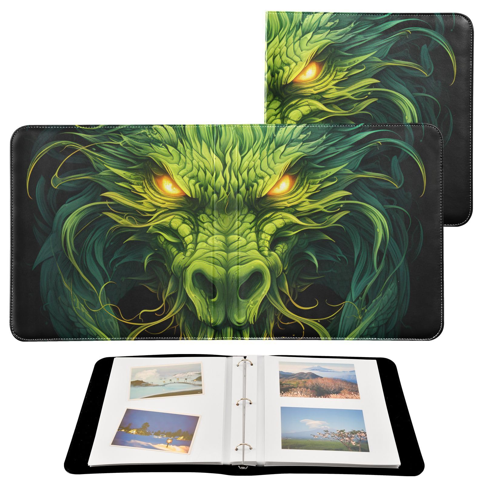 JIPONI Green Dragon Large Photo Album, DIY Leather Cover Scrapbook Albums for 4x6 5x7 6x8 Pictures, Self Adhesive Memory Book for Wedding, Baby, Family