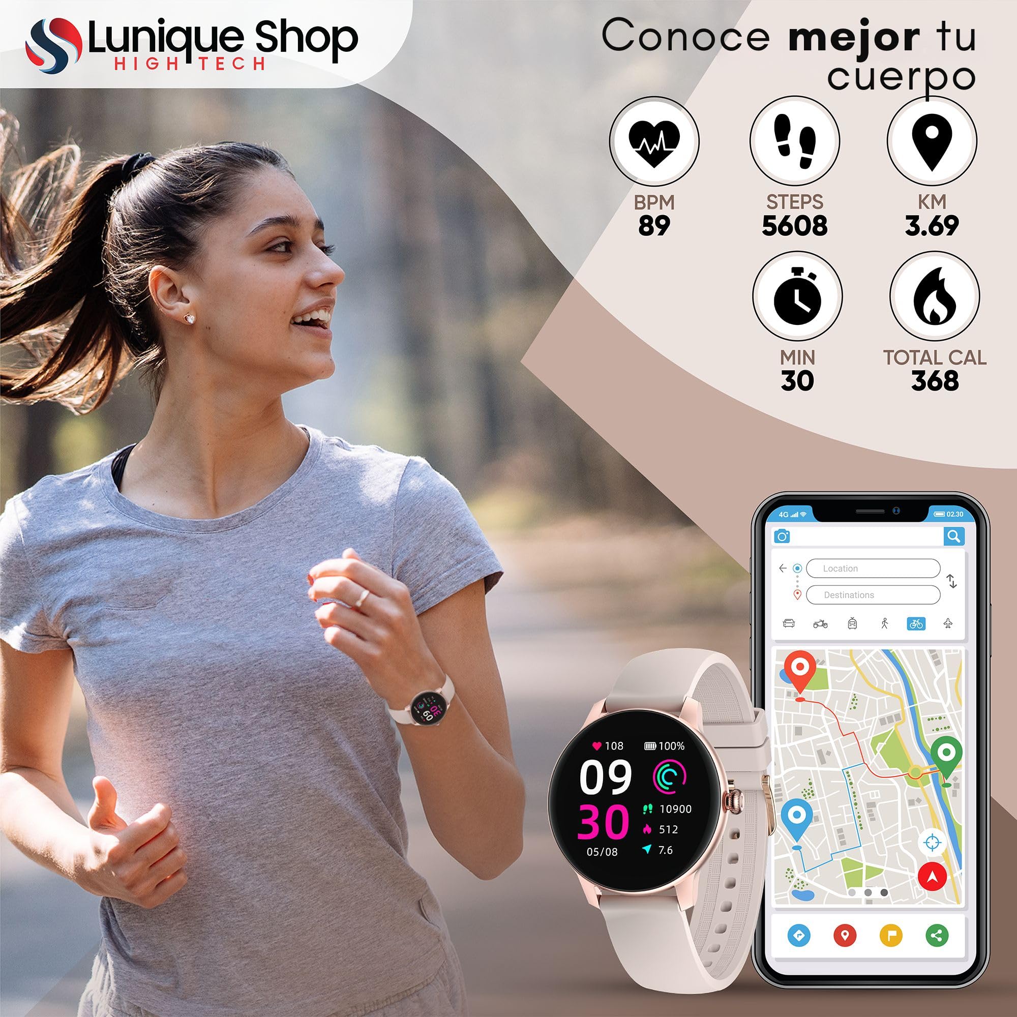 Smartwatch LSFIT Rosa, Reloj Inteligente Mujer, Monitor de Sueño, Seguimiento del Menstrual,Control de Musica,Oxígeno Sanguíneo Frecuencia Cardíaca, Pulsera Actividad, Android iOS