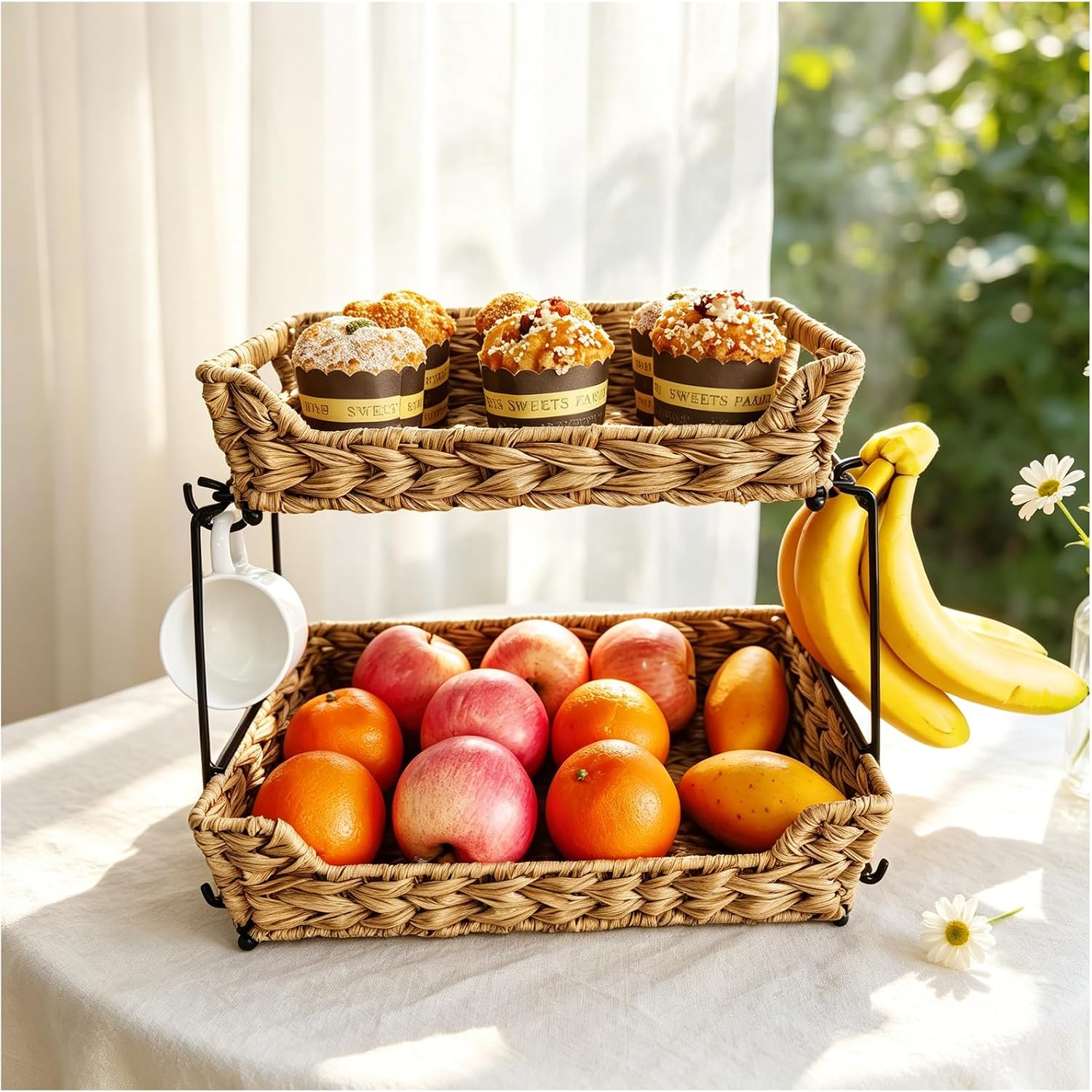 2-Tier Plastic Rattan Wicker Storage Basket with Metal Frame forKitchen Counter with 2 Banana Hangers, Countertop Organizer Shelf for Kitchen, Bathroom, Pantry, Fruit, Vegetables
