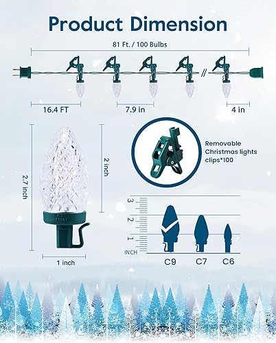 Miniatura 8 de Luces LED C9 de Navidad para exteriores con 110 clips de resorte, tira de 110 luces LED C9 de 81 pies, impermeables, conectables, de grado