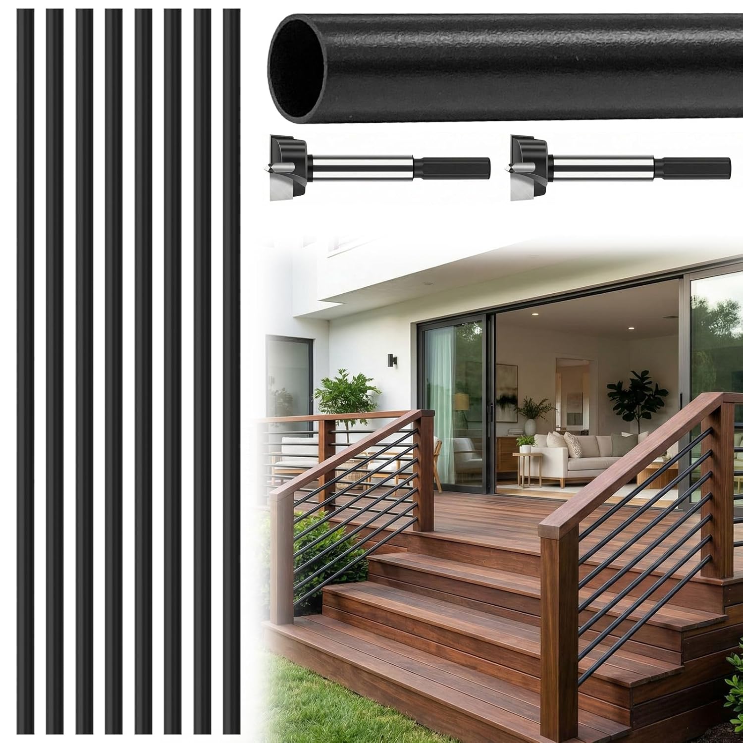 8 Pack 4.7 FT x 5/8 inch Aluminum Stair Balusters Round Horizontal Bar Baluster, 56.4inch Matte Black Hollow Stair Baluster for Indoor Indoor Outdoor Deck Railing Staircase