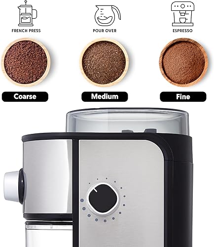 Miniatura 5 de Cassia Molinillo de café eléctrico de acero inoxidable de 150 W, 14 ajustes para molienda de precisión, selector de cantidad ajustable de 2 a 12