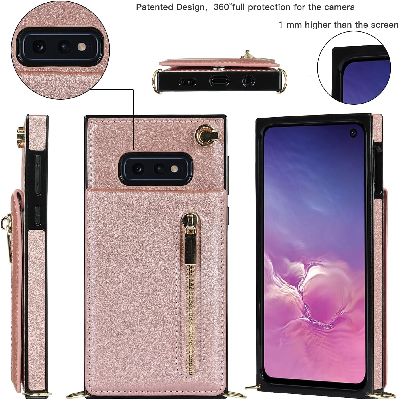 Phone Case for Samsung Galaxy S10e Wallet Cover with Crossbody Strap Leather Card Holder Flip Cases Lanyard Kickstand Credit Slots Magnetic Clasp Stand Cell Accessories S 10e 10se Se10 Girls Pink image 3