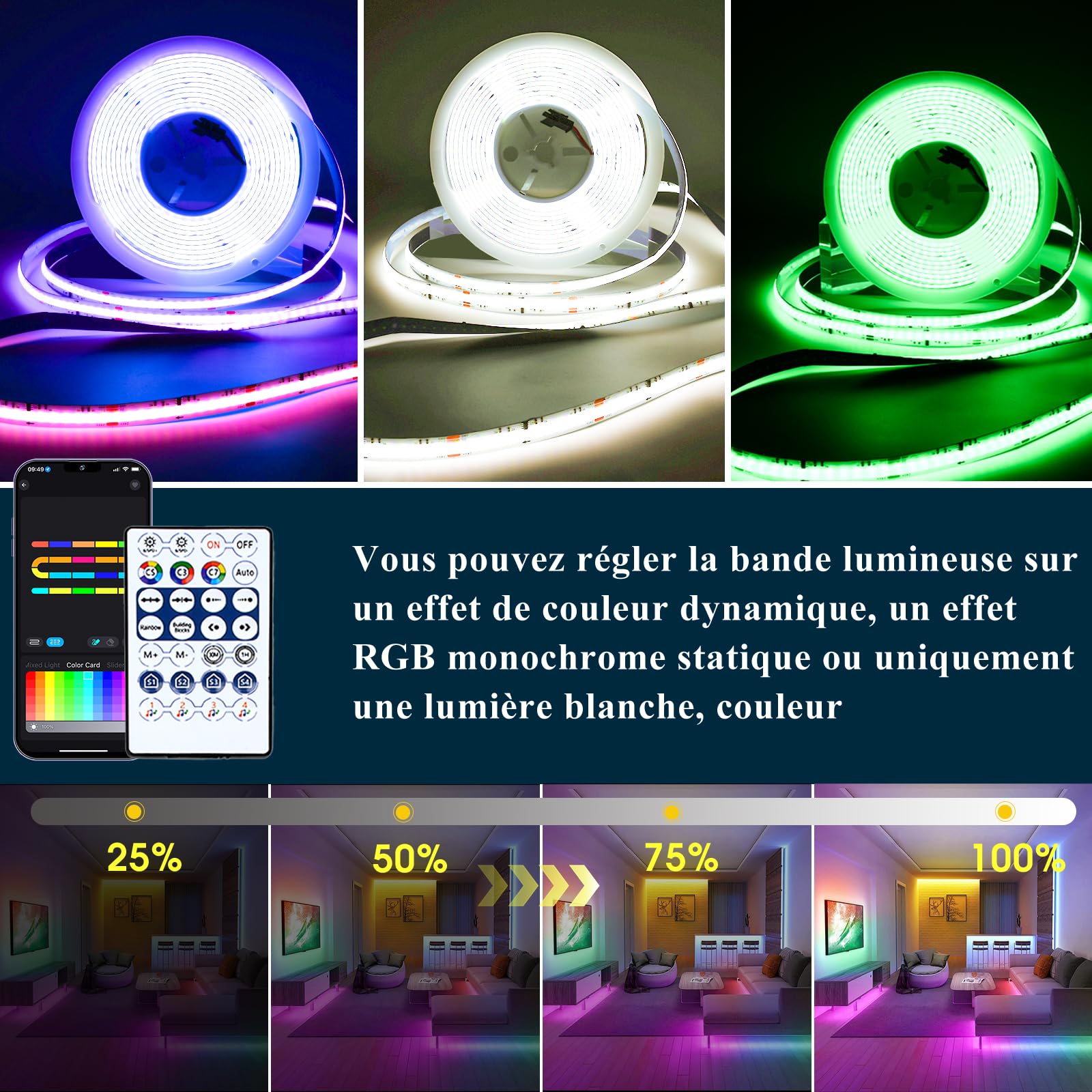 RGB+IC LED COB 10M tira tira led con controlador WIFI 576LEDs/M 24V regulable multicolor tira luminosa para el hogar dormitorio cocina