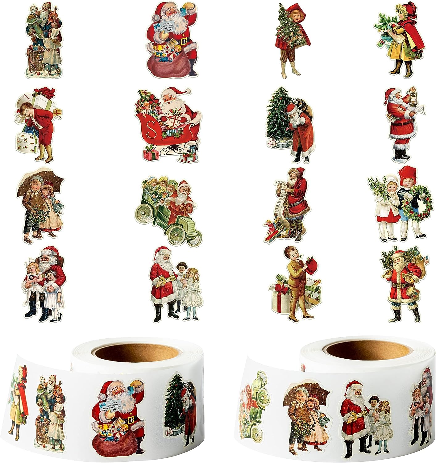 PANTIDE1000Pcs Vintage Christmas Sticker (2 Rolls) Cartoon Christmas Theme Stickers Santa Snowman Elk Self-Adhesive Sticker Decal for Christmas Holiday Decoration Festive Gift Wrapping Party Supplies