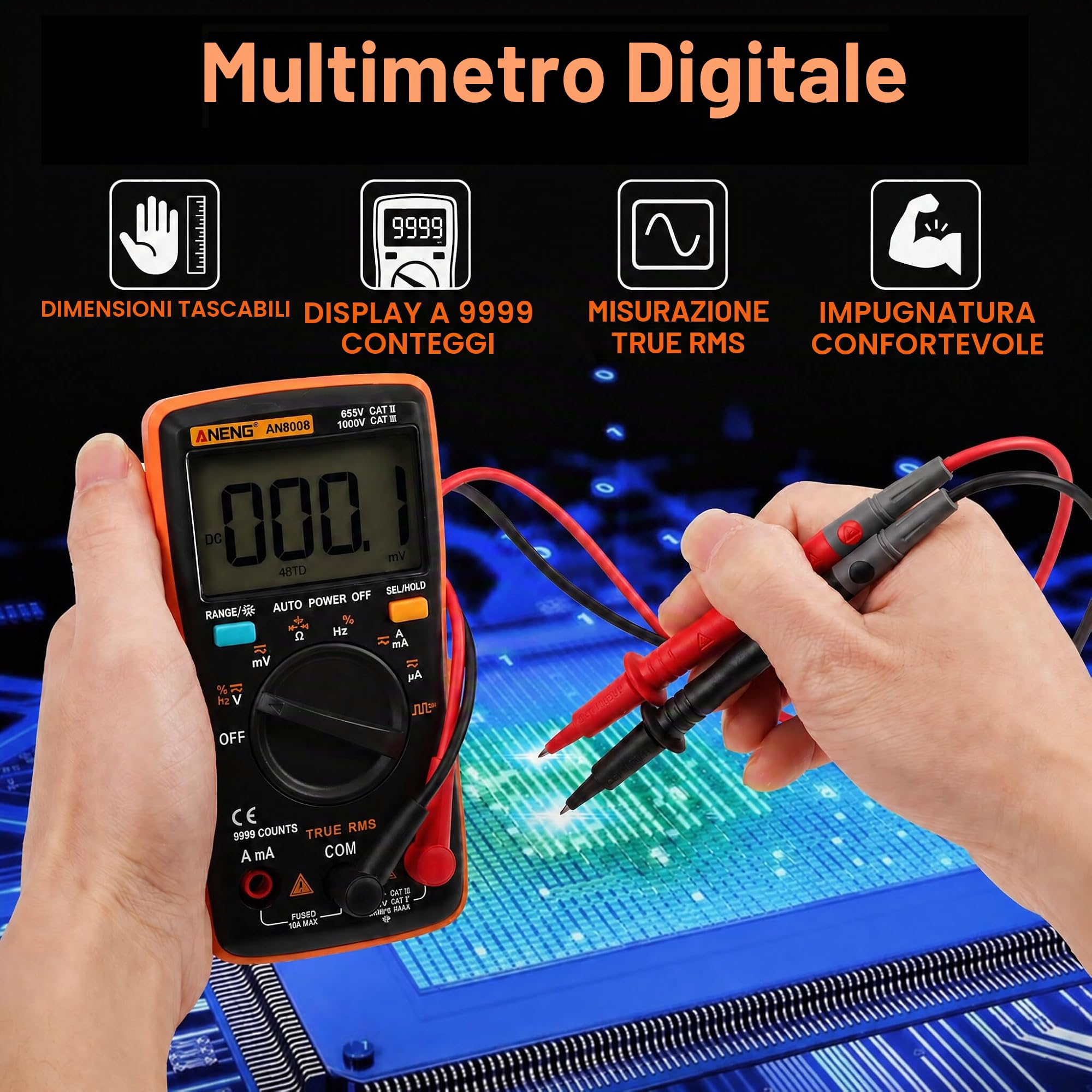 AN8008 Multimetro digitale True Tensione CA Tensione DC Amperometro Corrente Ohm metro Tester Diodi Transistor Temperatura Rosso