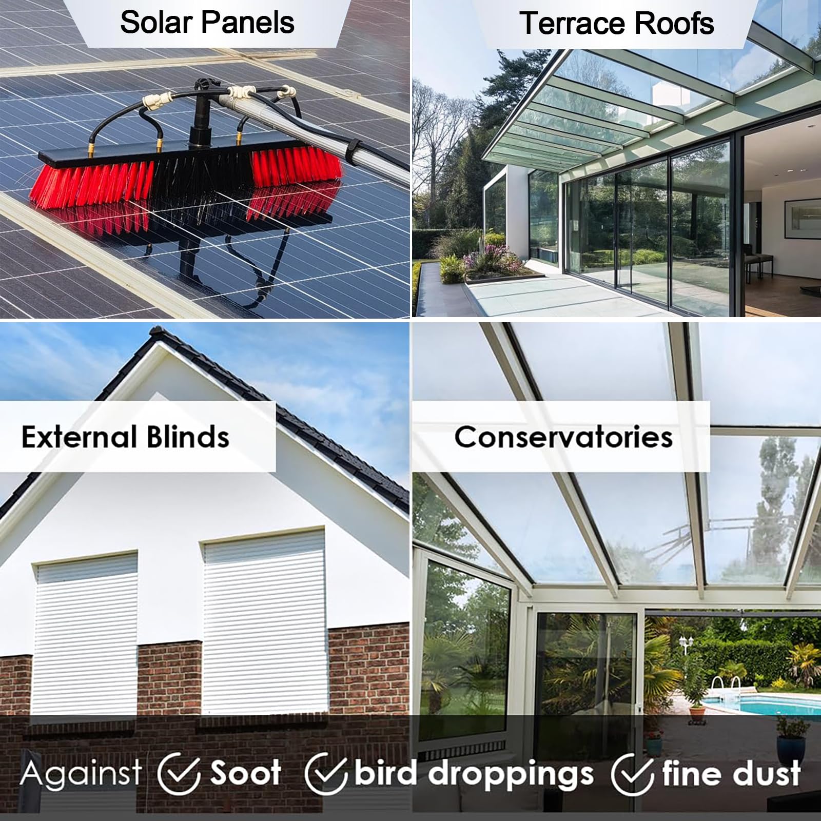 Genérico Cepillo telescópico para Ventanas (3 m - 13,6 m), Extensible, con Tubo de alimentación de Agua, ángulo Ajustable y dispensador de jabón. Conector de Manguera común para Paneles Sol