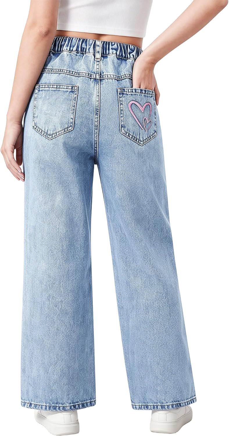 Rolanko Girls Baggy Jeans, Wide Leg Denim Pants for Tween Girls, Fashion Casual Jeans for School Everyday Wear 7-14Y