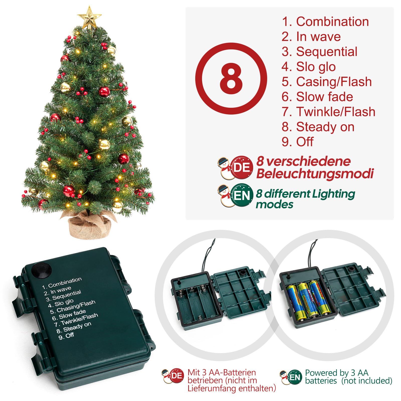 Yorbay Mini Weihnachtsbaum mit 50 Warmweiß LEDs: Tischbaum mit 8 Licht Modi | Tannenbaum mit Stern-Baumspitze und Deko Batterie betrieben - 70cm Künstlicher Christbaum mit Fernbedienung für Weihnachten