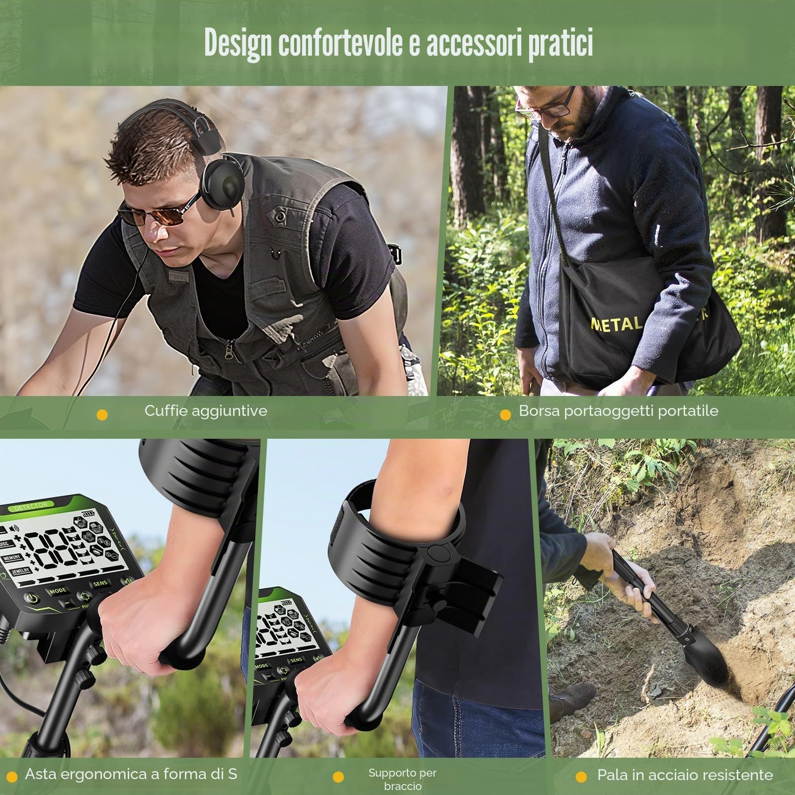 Metal detector, lunghezza regolabile 113 cm-141 cm, 5 modalità, metal detector professionale con display LCD, bobina di ricerca impermeabile IP68 per adulti e bambini
