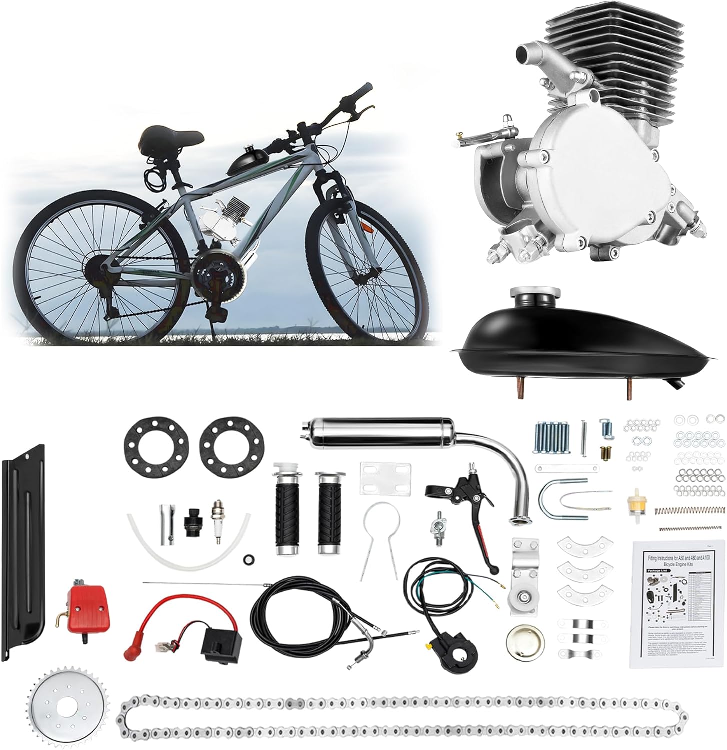 Upgraded Bicycle Engine Kit, 100CC 2 Stroke Motorized Bicycle Motor Kit CDI Air Cooling Bicycle Engine Kit Fit for 26-28" Bikes (36 Teeth Full Set)