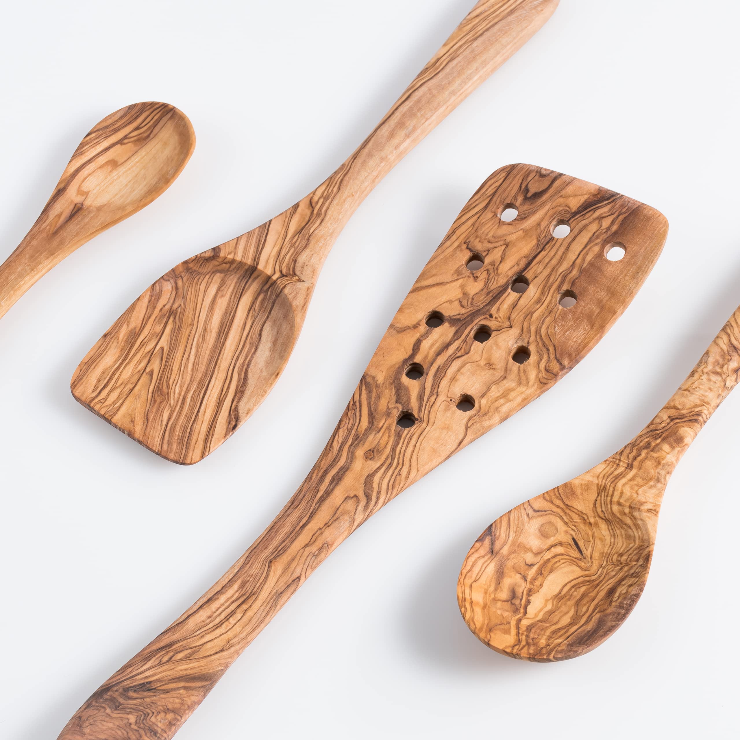 Set de 3 cucharas de cocina de madera de olivo Darido con cuchara extra pequeña - 30 cm - hecho a mano - resistente al calor - Utensilios - cuchara, espátula, espátula ranurada y cuchara pequeña