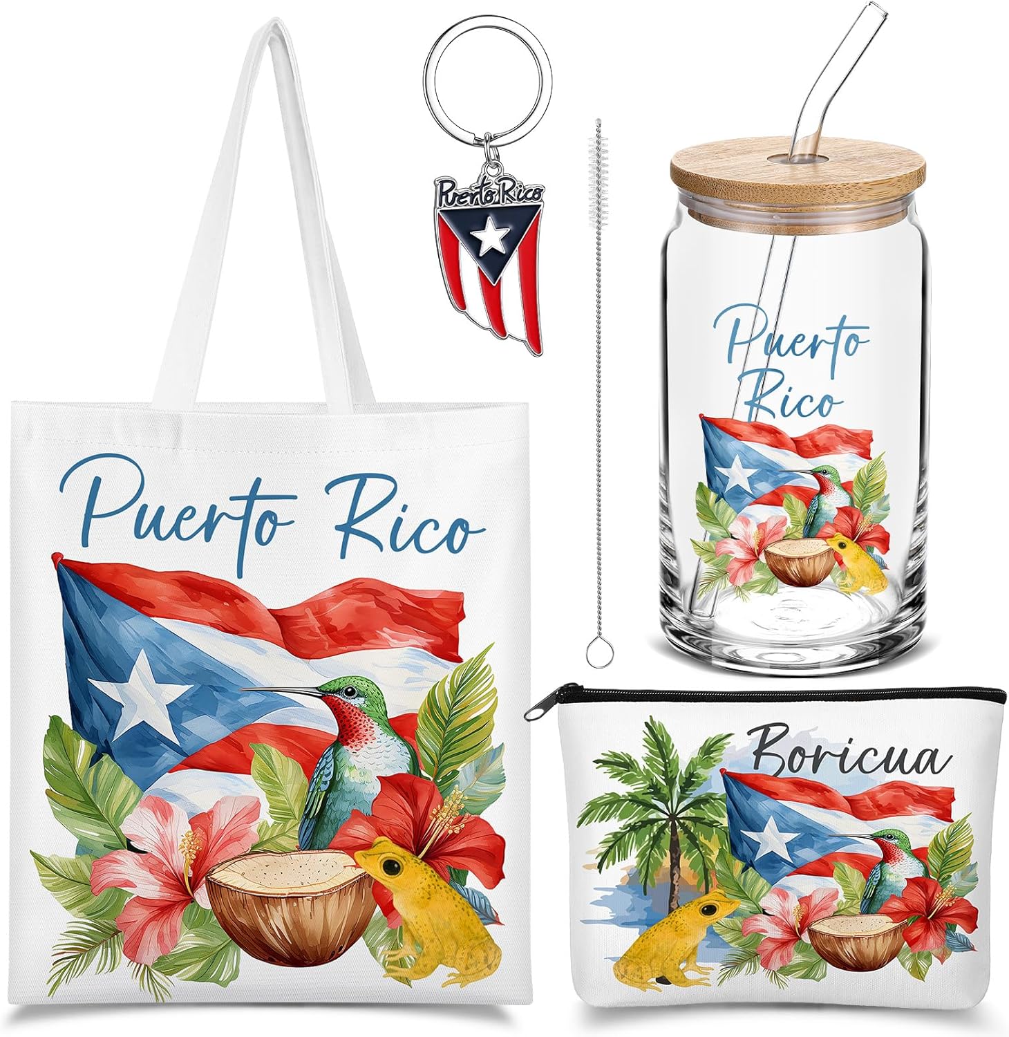Chuangdi 4 Pcs Puerto Rico Souvenirs Gifts Set Beach Canvas Bag Cosmetic Bag 16 oz Tumbler and Keychain PR City Travel for Traveler Friend Lover Sister Gifts