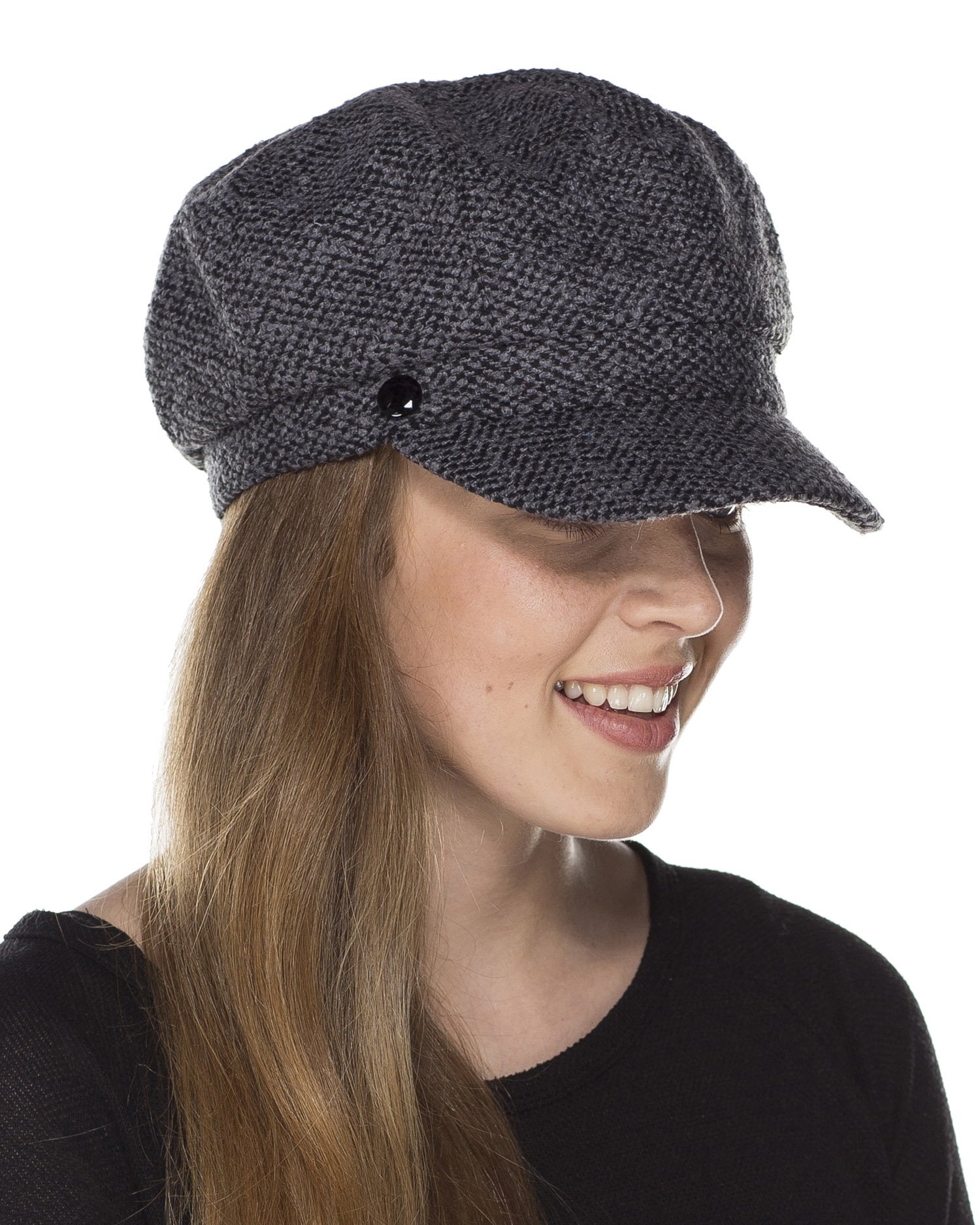 I-Smalls Women's Belle Charcoal Belle Basket Weave Bakerboy Hat With Stud Trim (Charcoal)