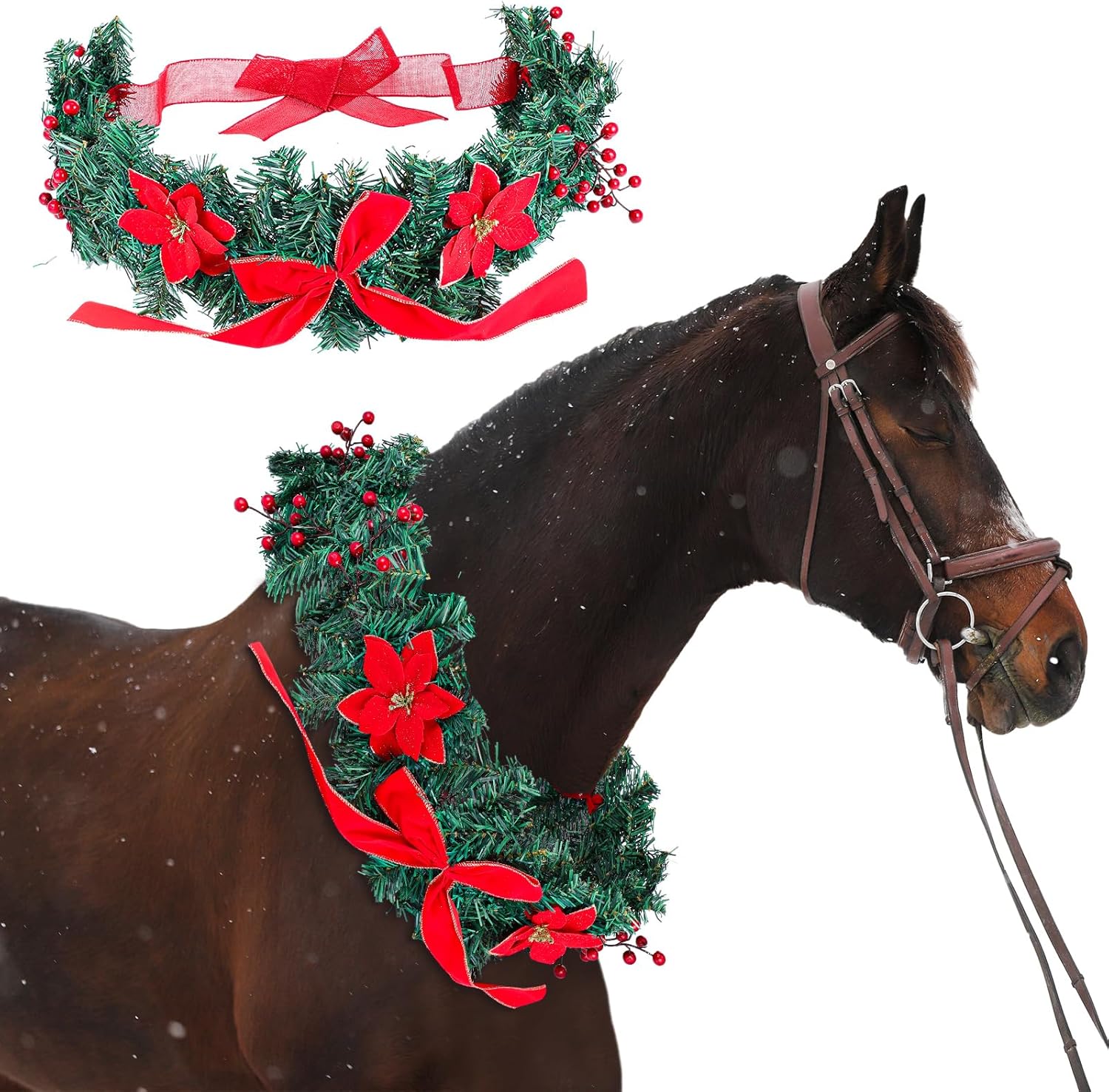 Dingion Christmas Wreath Horse Christmas Horses Neck Garland 16.9 Inches Artificial Outdoor Garland Horse Costume Rustic Farmhouse Decor for Xmas Holiday Party Parades Supplies(Xmas Bow Style)