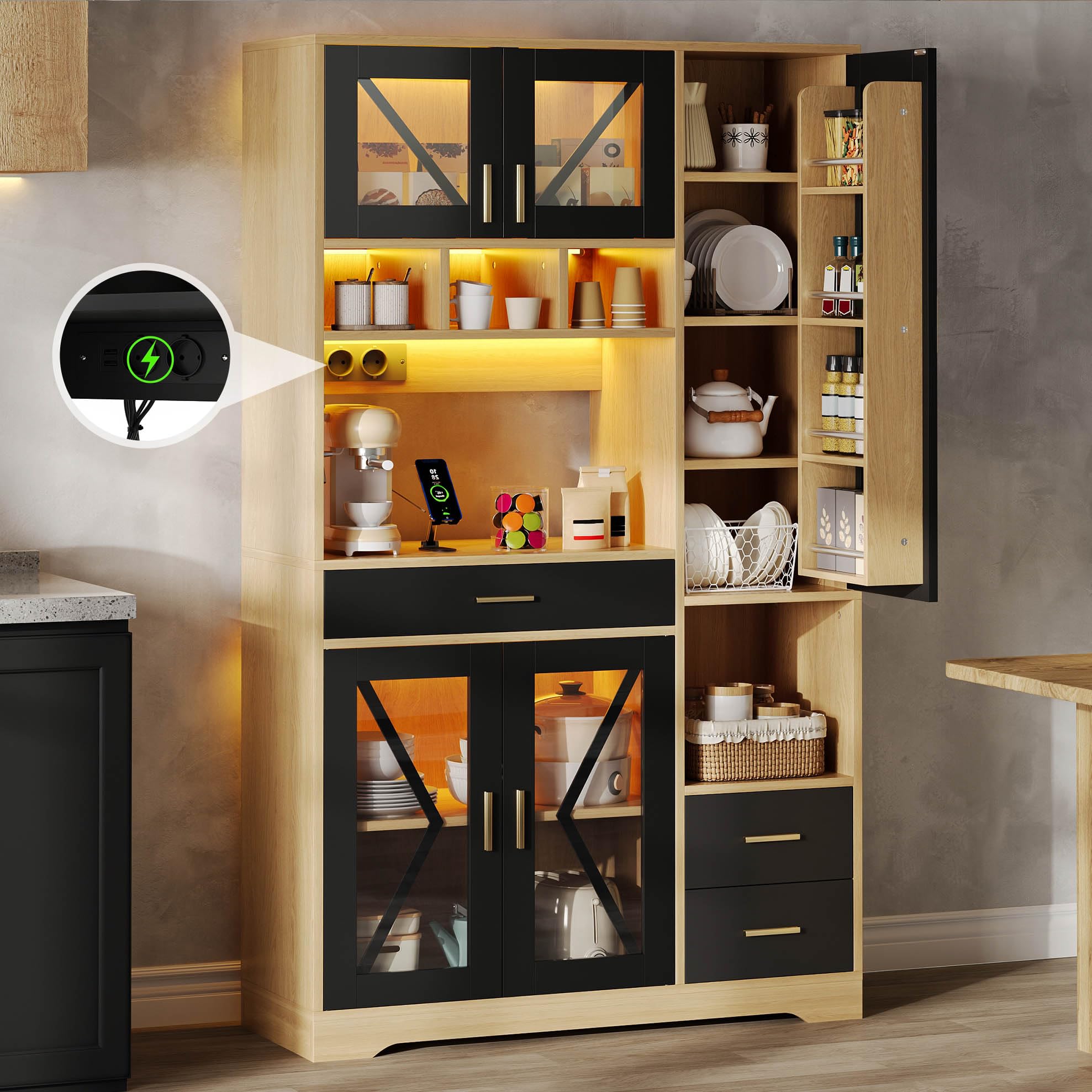 Sapgaks Buffet Salle a Manger 185 × 105 × 40 cm avec étagères réglables,tiroir,éclairage LED à Couleurs changeantes et Prises,Buffet Haut,Meuble de Cuisine (A-Noir + Naturel)