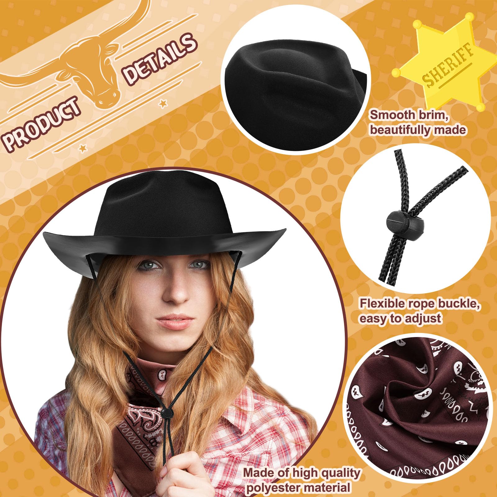Cowboy Hats and Bandanas Set - 48 Pieces Western Party Supplies Unittype 48 Set Straw Cowboy Hats with Paisley Bandanas Set  main image 3
