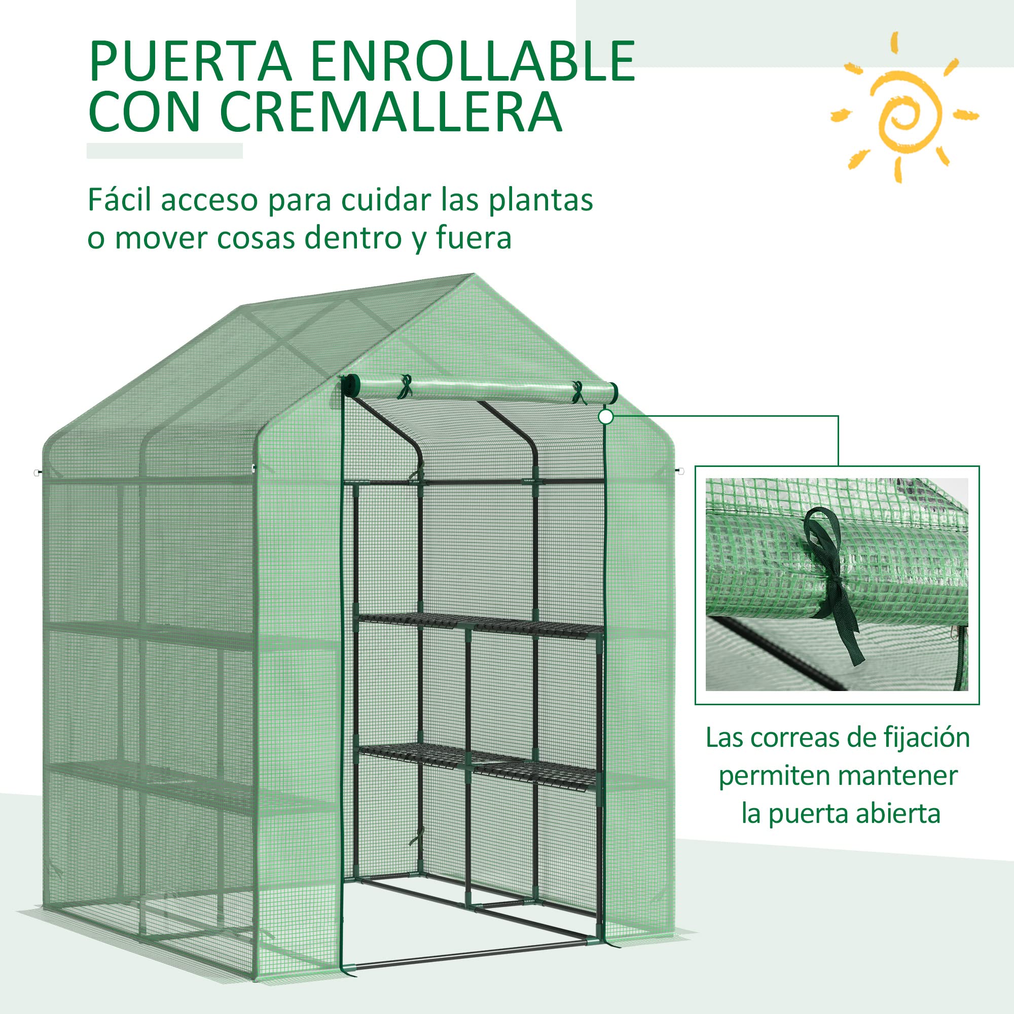 Outsunny Invernadero de Jardín Tipo Caseta 143x138x190 cm Verde | Invernadero de Exterior, 2 Niveles, 4 Estantes, Puerta Enrollable, Marco de Acero y Cubierta de Pe 140g/㎡