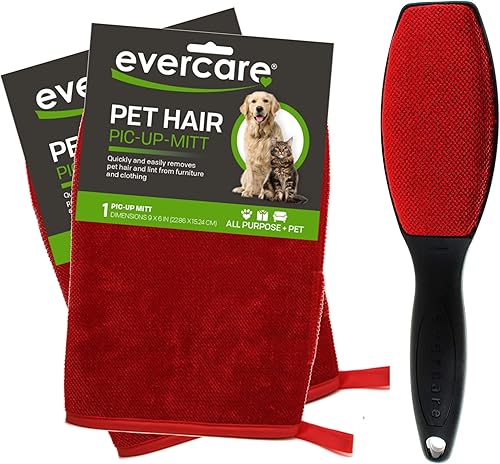 Evercare Guante removedor de pelo de mascotas (2) y cepillo mágico para pelusa (1) para mascotas, ropa, muebles y viajes